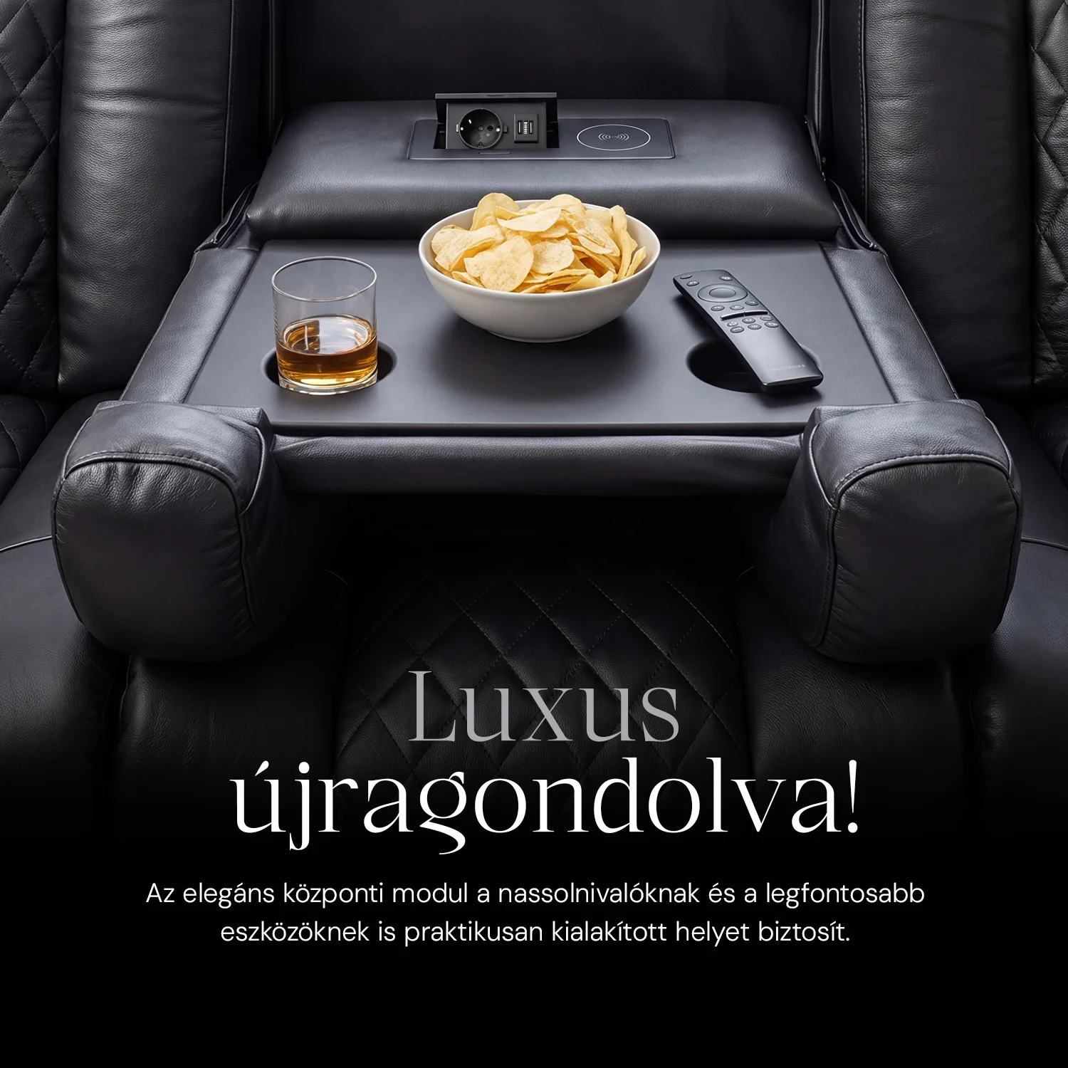 Luxus, háromszemélyes fekvőfotel, relax fotelágy elektromosan dönthető háttámlával, lábtartóval, pohártartóval és világítással fekete bőr (L4630-7406)
