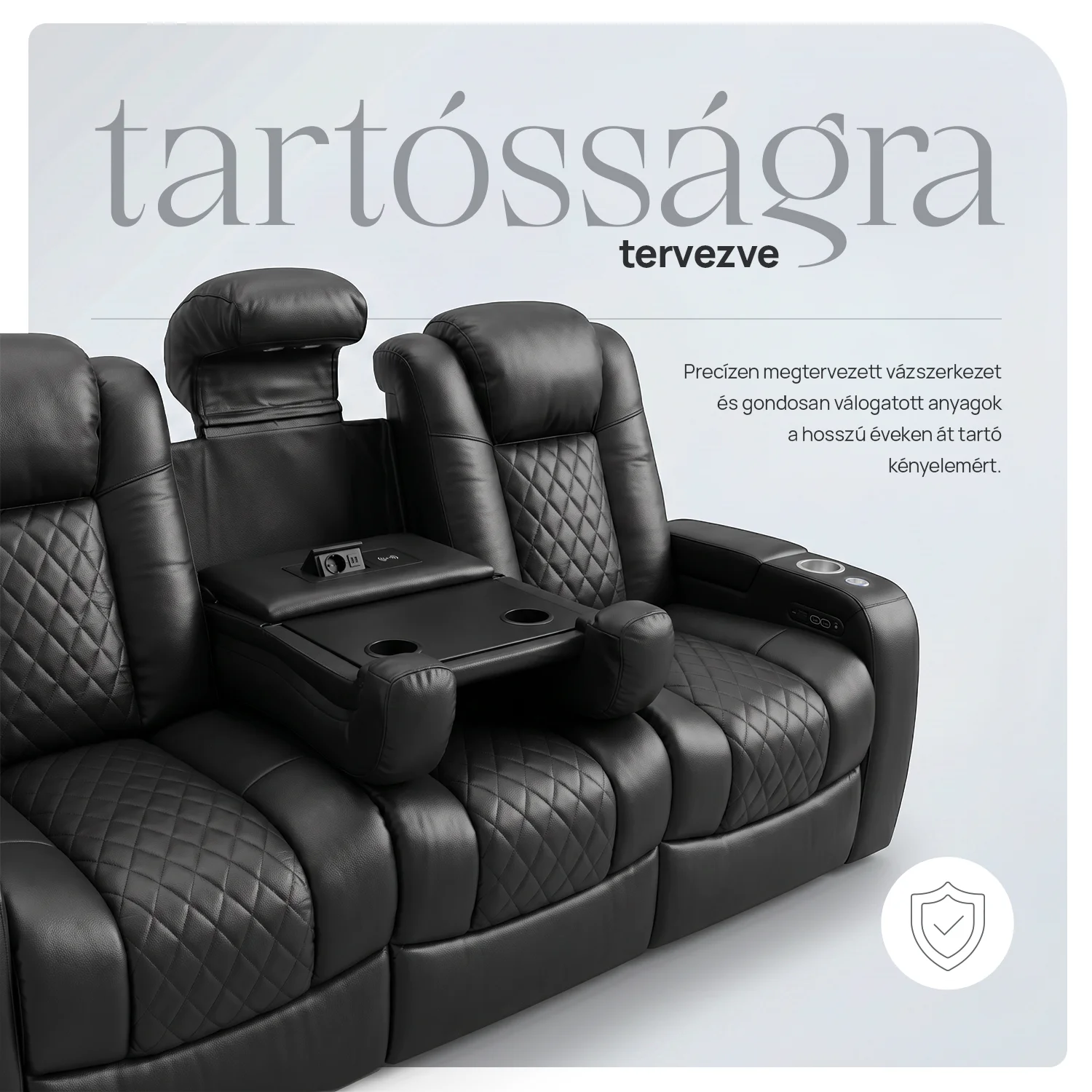 Luxus, háromszemélyes fekvőfotel, relax fotelágy elektromosan dönthető háttámlával, lábtartóval, pohártartóval és világítással fekete bőr (L4630-7406)