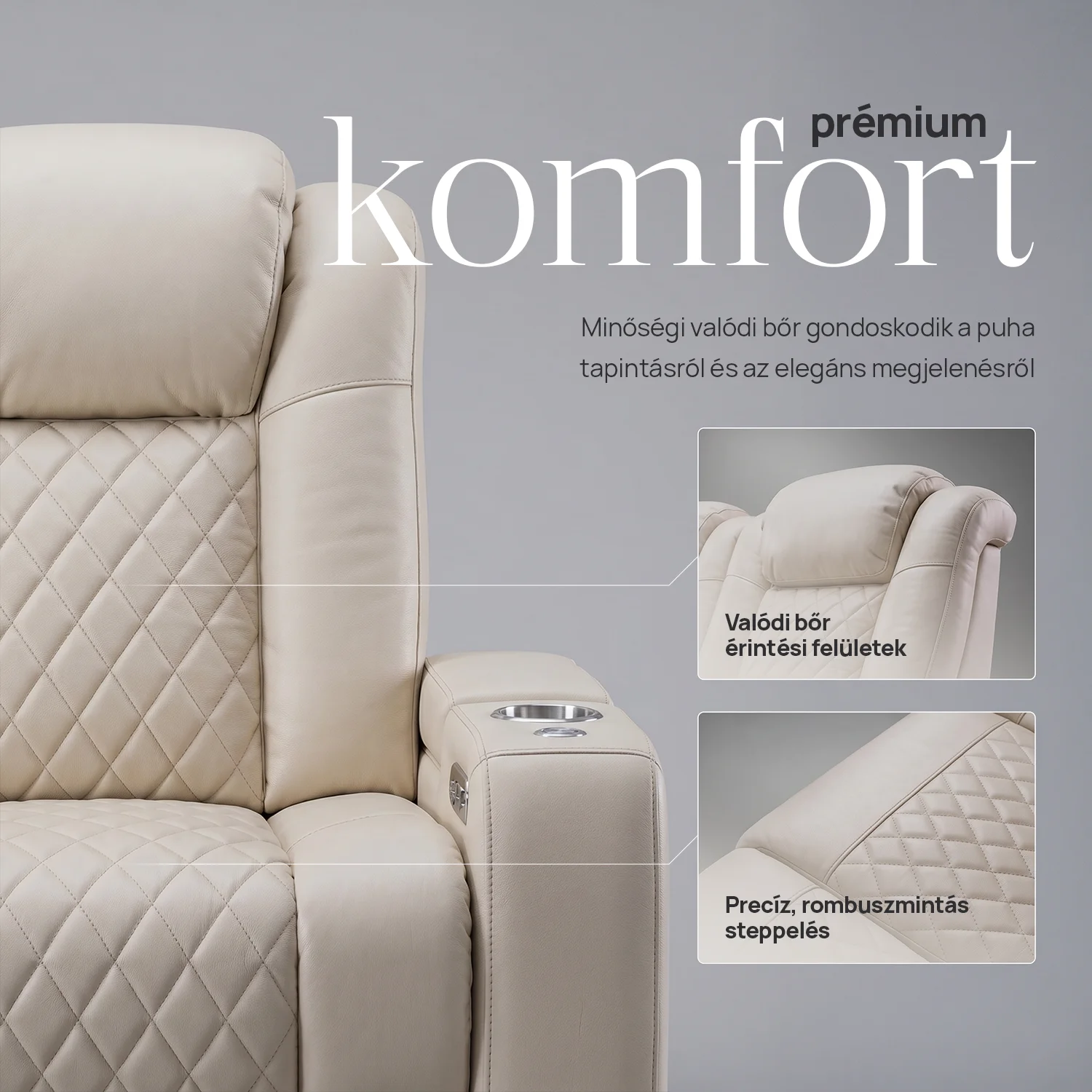 Luxus, háromszemélyes fekvőfotel, relax fotelágy elektromosan dönthető háttámlával, lábtartóval, pohártartóval és világítással bézs bőr (L4630-7406)