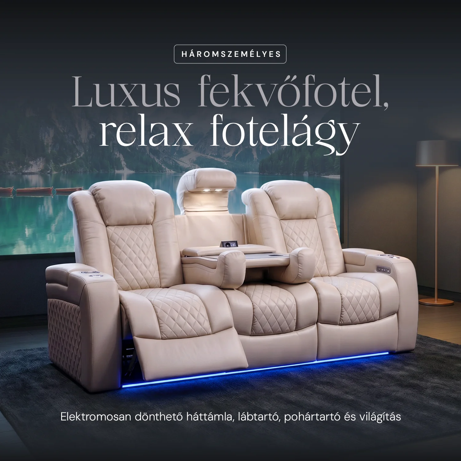 Luxus, háromszemélyes fekvőfotel, relax fotelágy elektromosan dönthető háttámlával, lábtartóval, pohártartóval és világítással bézs bőr (L4630-7406)