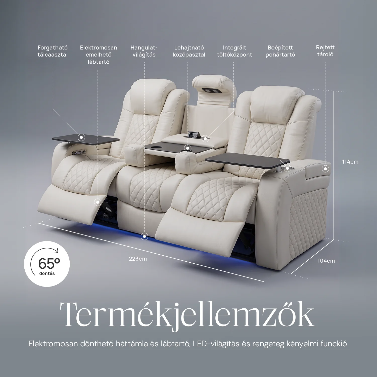 Luxus, háromszemélyes fekvőfotel, relax fotelágy elektromosan dönthető háttámlával, lábtartóval, pohártartóval és világítással bézs bőr (L4630-7406)