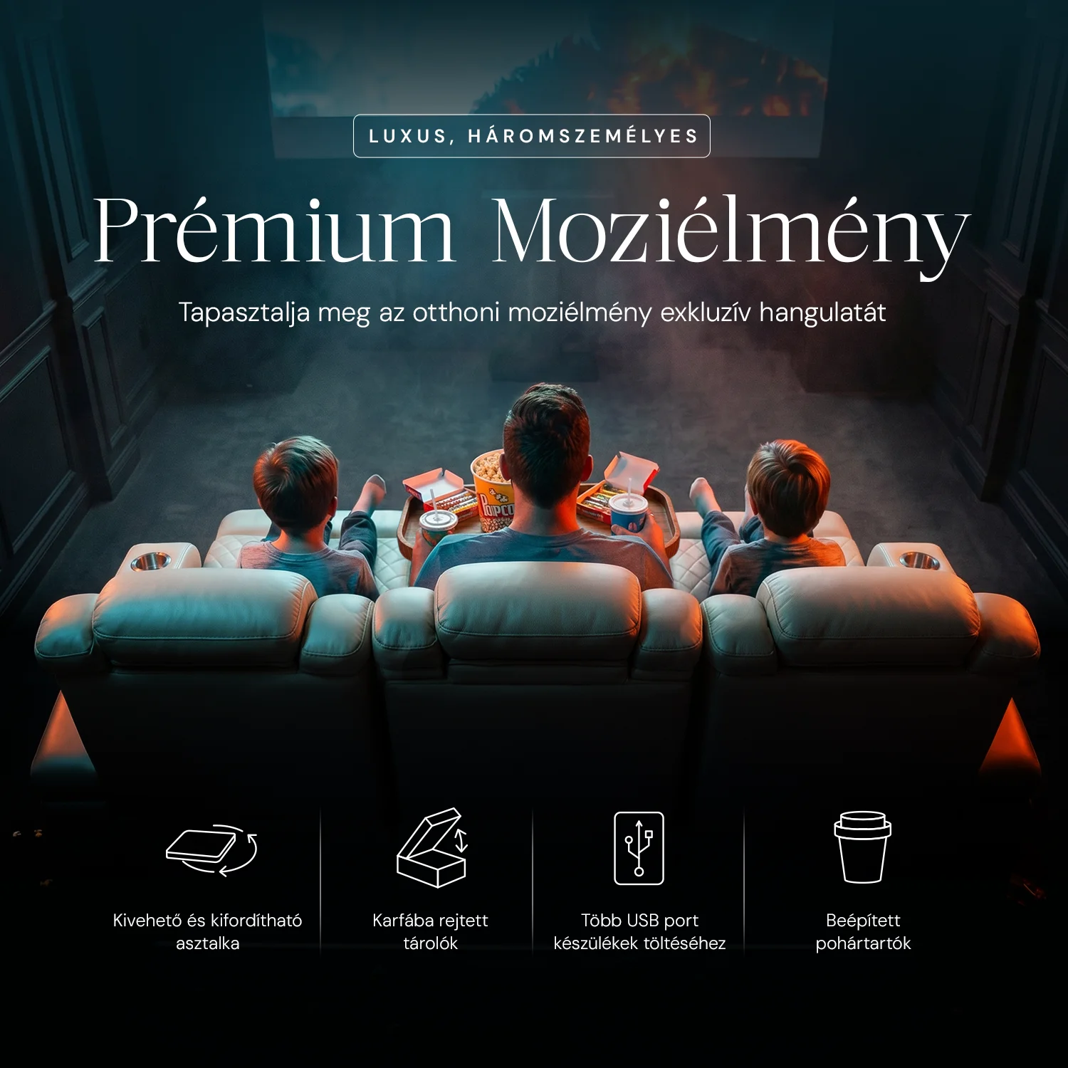 Luxus, háromszemélyes fekvőfotel, relax fotelágy elektromosan dönthető háttámlával, lábtartóval, pohártartóval és világítással bézs bőr (L4630-7406)