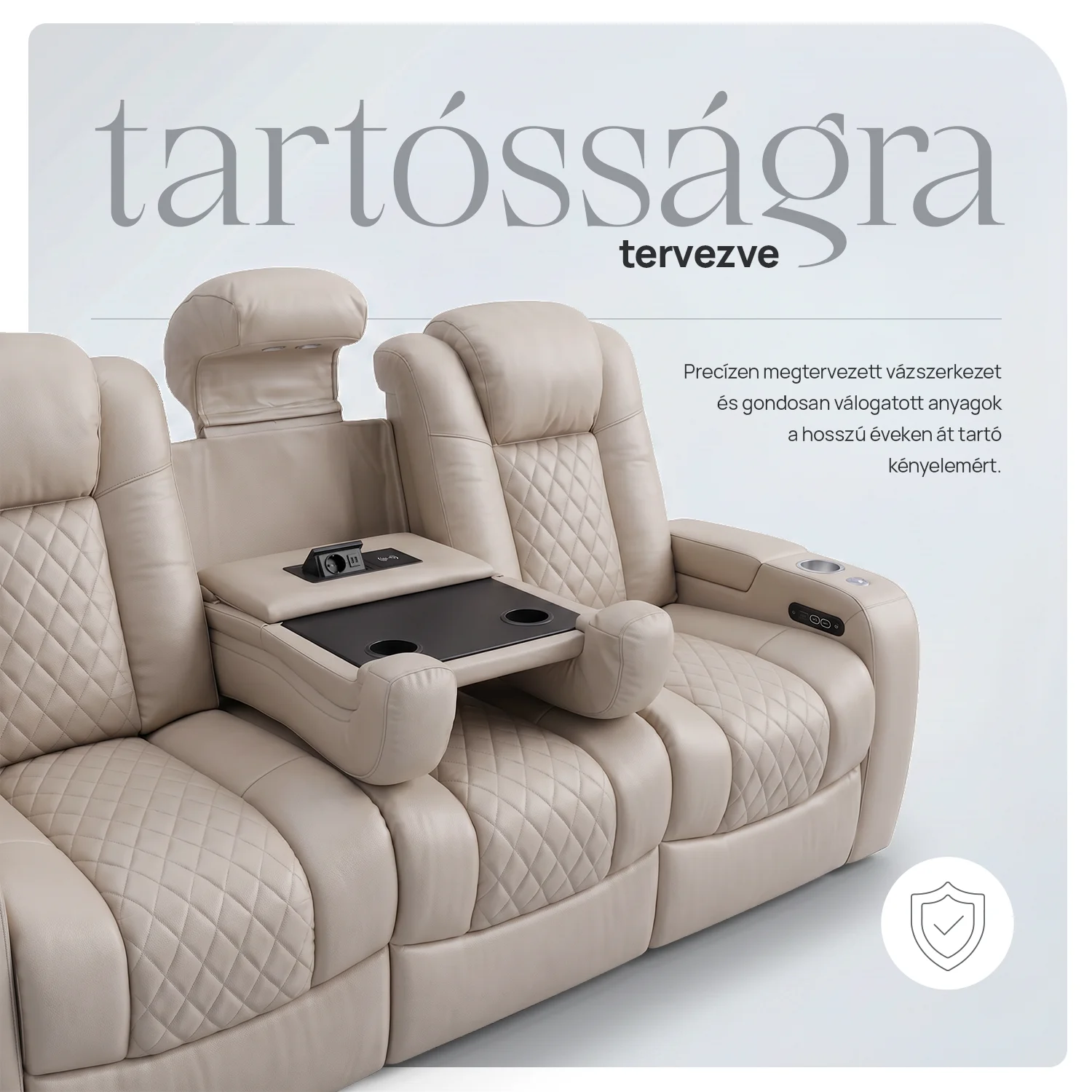 Luxus, háromszemélyes fekvőfotel, relax fotelágy elektromosan dönthető háttámlával, lábtartóval, pohártartóval és világítással bézs bőr (L4630-7406)