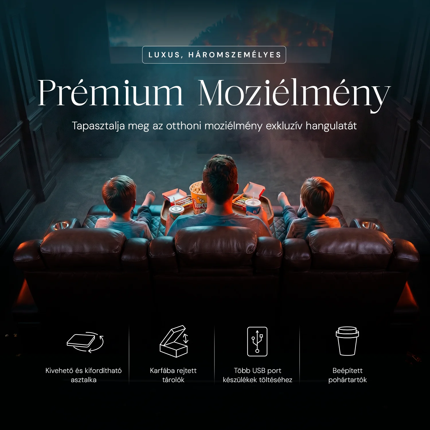 Luxus, háromszemélyes fekvőfotel, relax fotelágy elektromosan dönthető háttámlával, lábtartóval, pohártartóval és világítással barna bőr (L4630-7406)