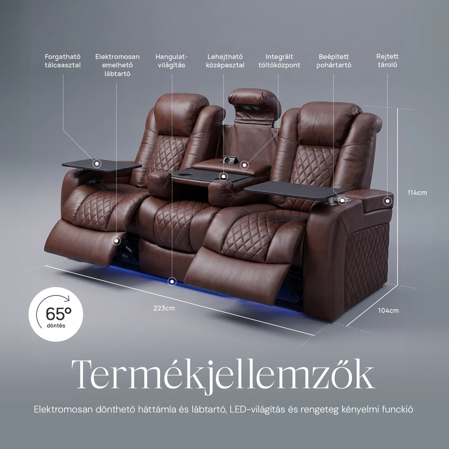 Luxus, háromszemélyes fekvőfotel, relax fotelágy elektromosan dönthető háttámlával, lábtartóval, pohártartóval és világítással barna bőr (L4630-7406)