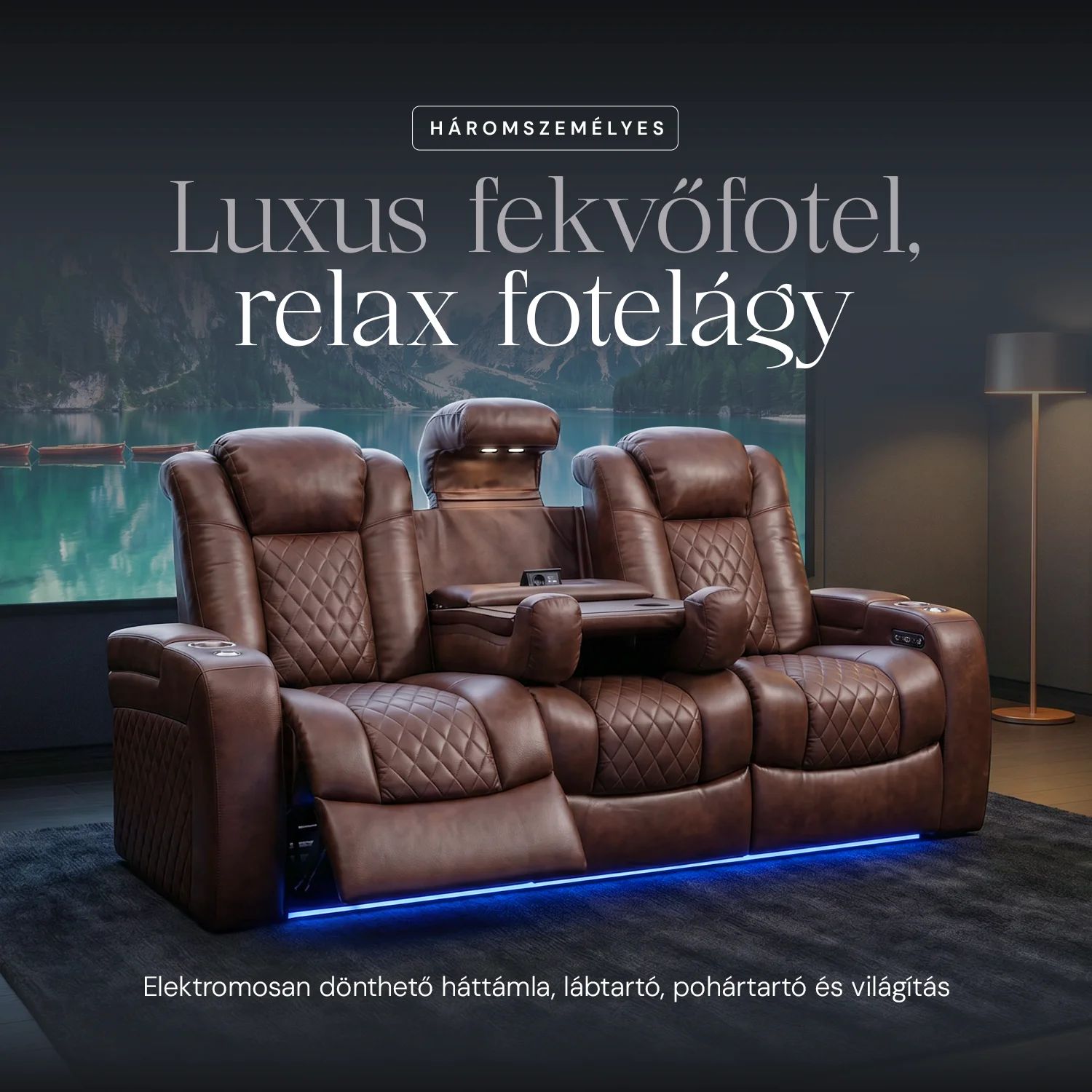 Luxus, háromszemélyes fekvőfotel, relax fotelágy elektromosan dönthető háttámlával, lábtartóval, pohártartóval és világítással barna bőr (L4630-7406)