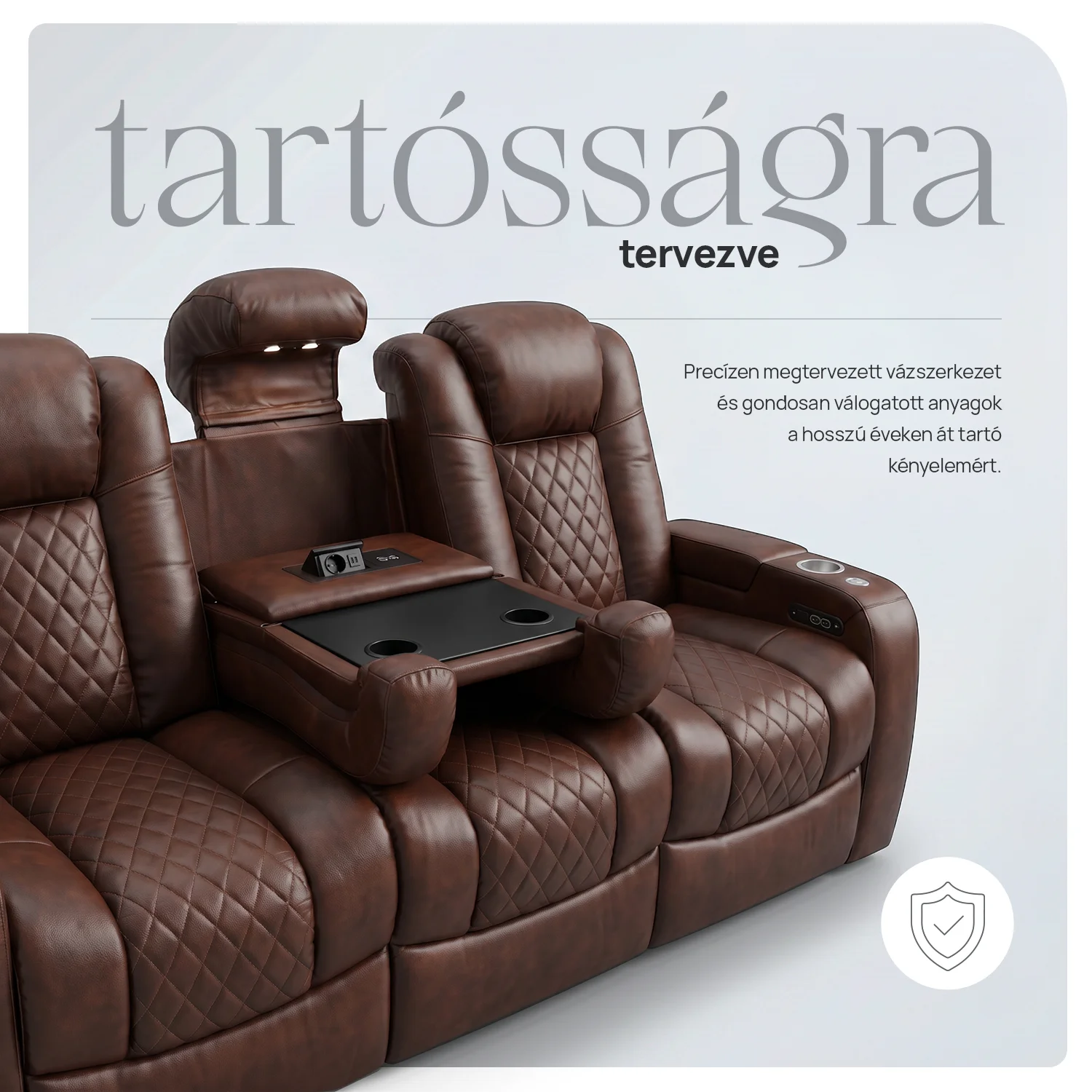Luxus, háromszemélyes fekvőfotel, relax fotelágy elektromosan dönthető háttámlával, lábtartóval, pohártartóval és világítással barna bőr (L4630-7406)