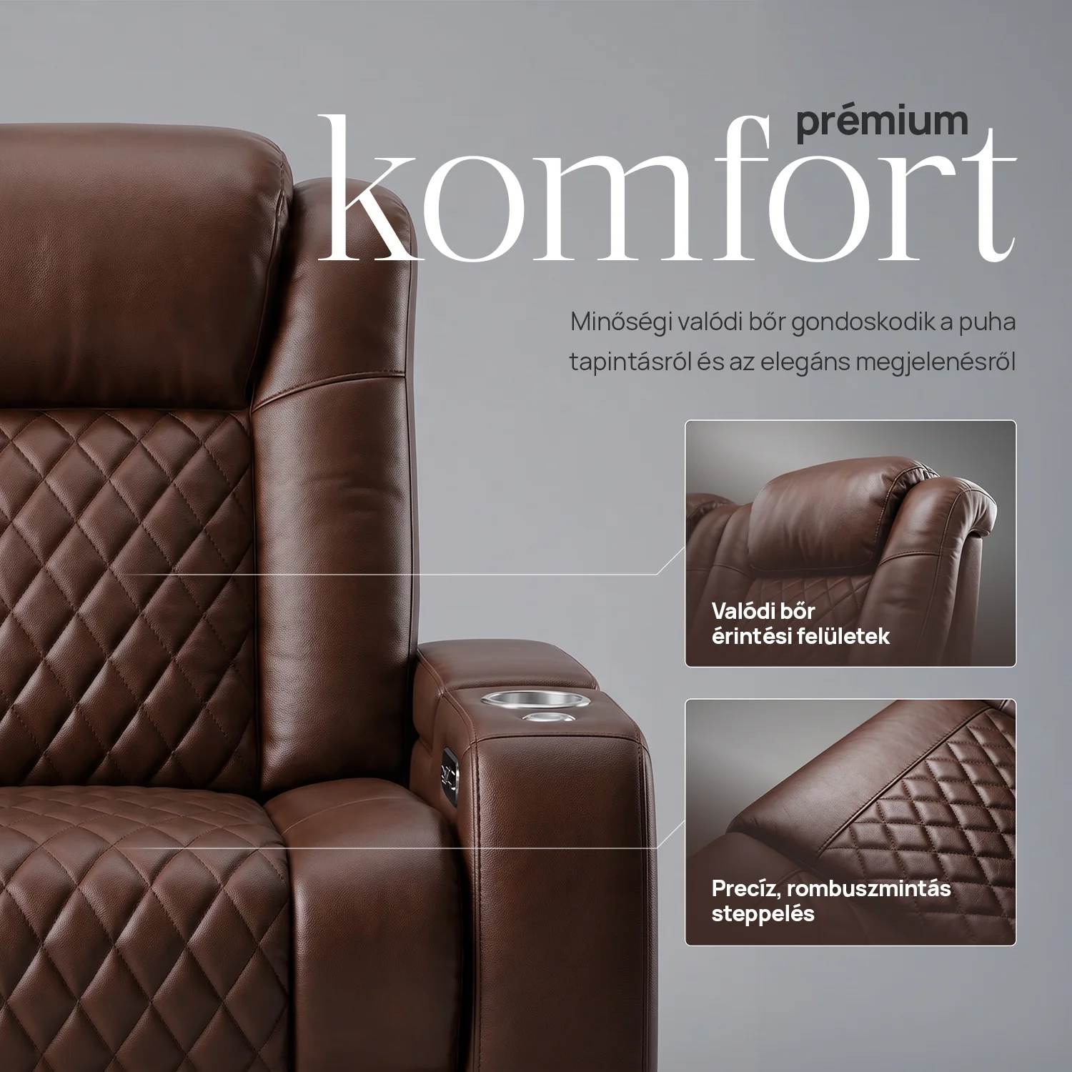 Luxus, háromszemélyes fekvőfotel, relax fotelágy elektromosan dönthető háttámlával, lábtartóval, pohártartóval és világítással barna bőr (L4630-7406)