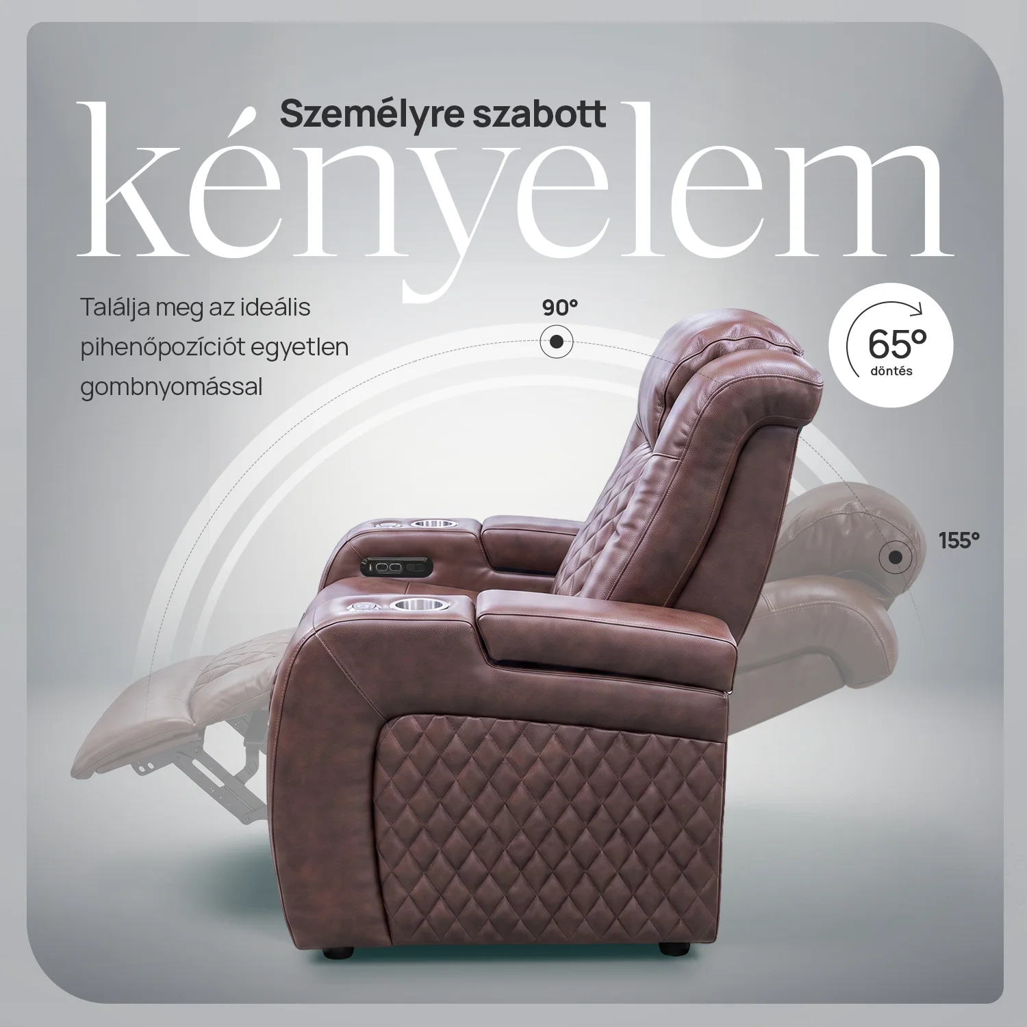 Luxus, egyszemélyes fekvőfotel, relax fotelágy elektromosan dönthető háttámlával, lábtartóval, pohártartóval és világítással barna bőr (L4630-3906)