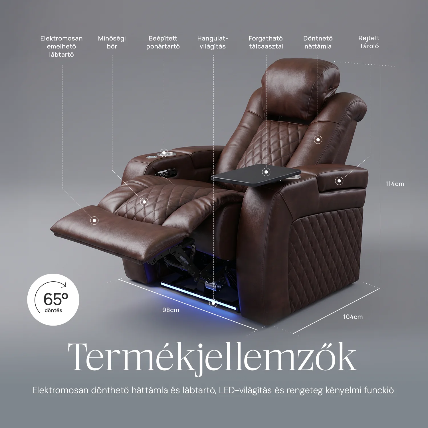 Luxus, egyszemélyes fekvőfotel, relax fotelágy elektromosan dönthető háttámlával, lábtartóval, pohártartóval és világítással barna bőr (L4630-3906)
