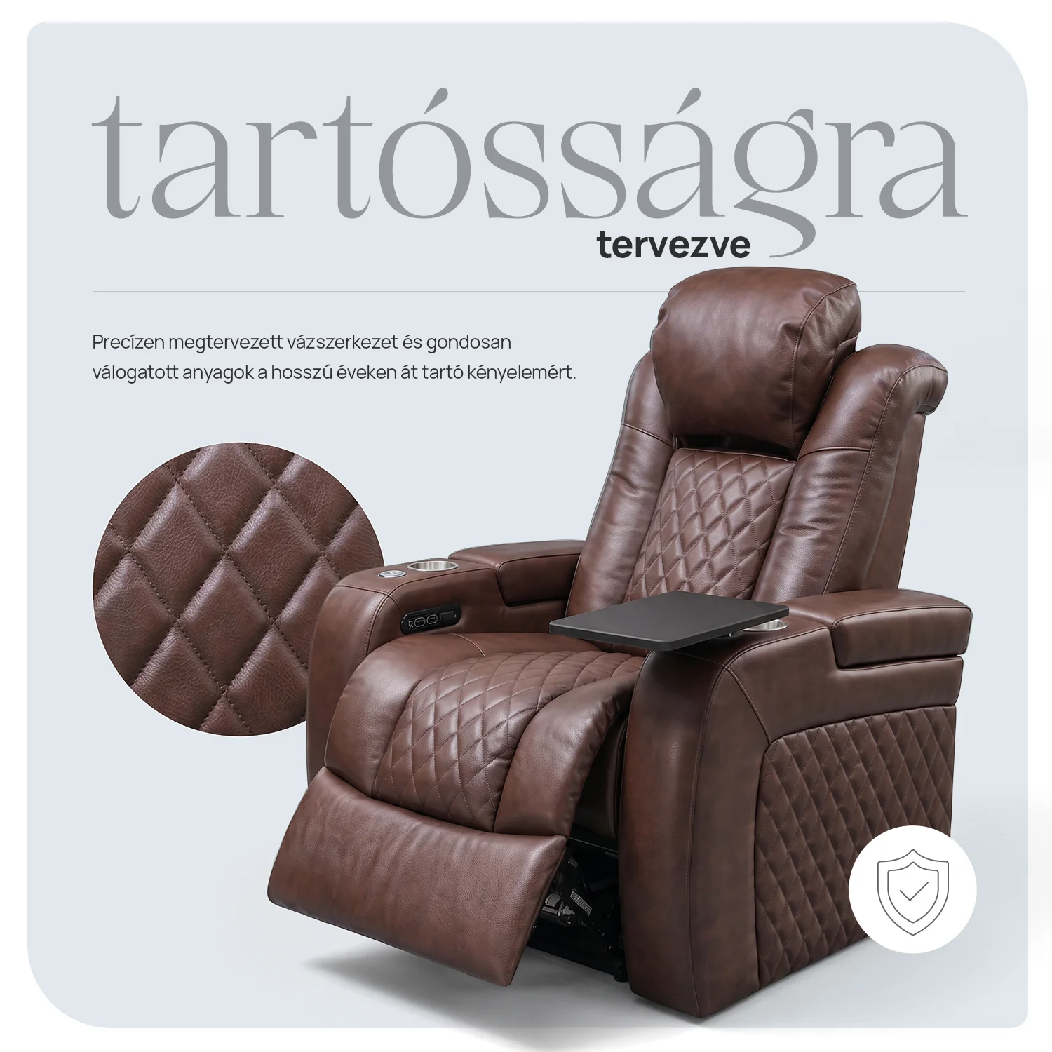 Luxus, egyszemélyes fekvőfotel, relax fotelágy elektromosan dönthető háttámlával, lábtartóval, pohártartóval és világítással barna bőr (L4630-3906)