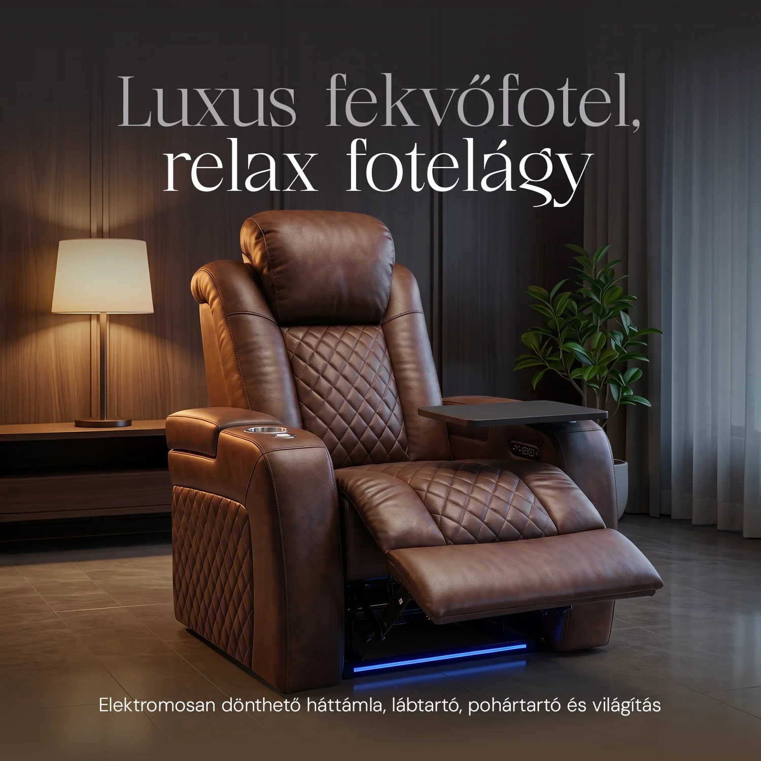 Luxus, egyszemélyes fekvőfotel, relax fotelágy elektromosan dönthető háttámlával, lábtartóval, pohártartóval és világítással barna bőr (L4630-3906)