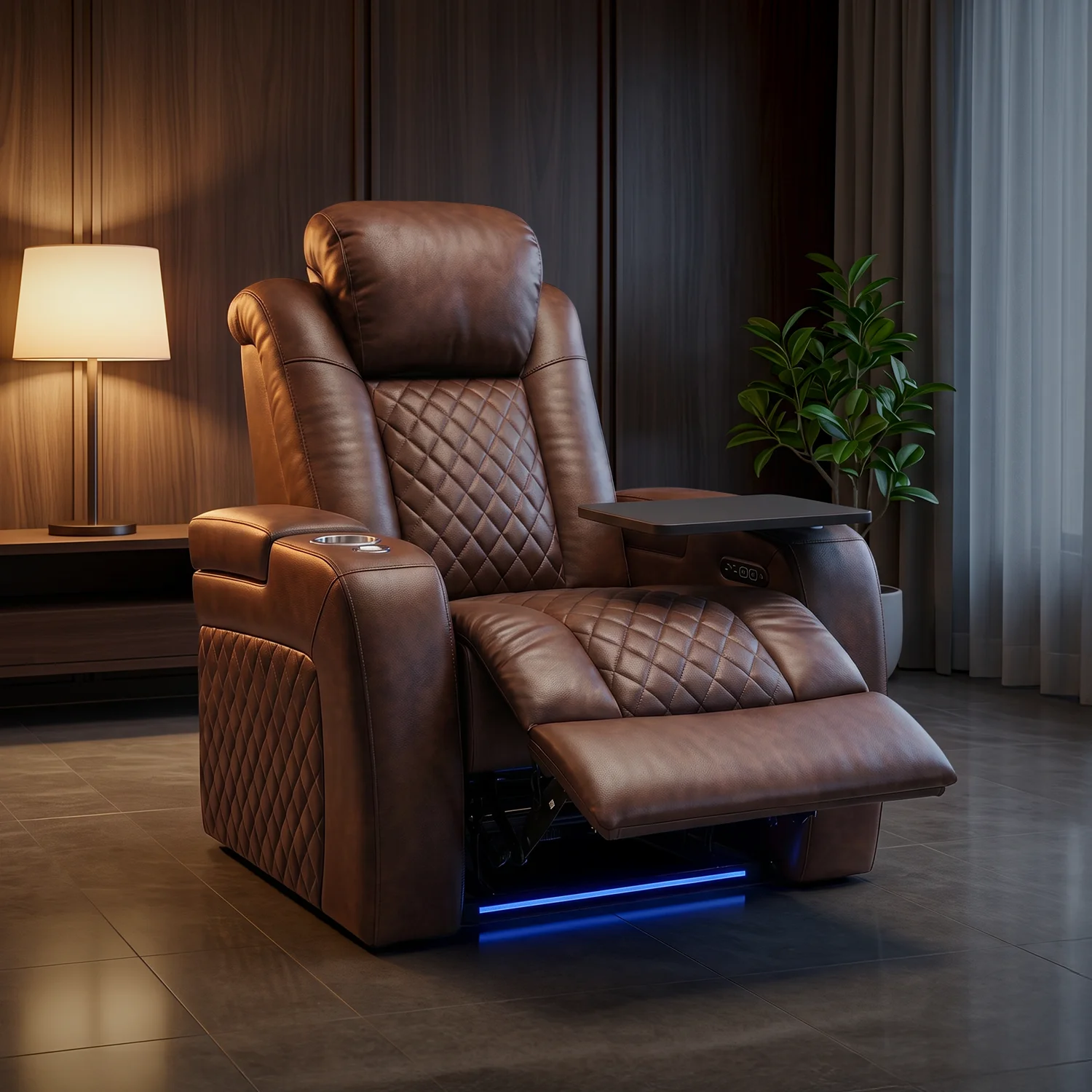 Luxus, egyszemélyes fekvőfotel, relax fotelágy elektromosan dönthető háttámlával, lábtartóval, pohártartóval és világítással barna bőr (L4630-3906)