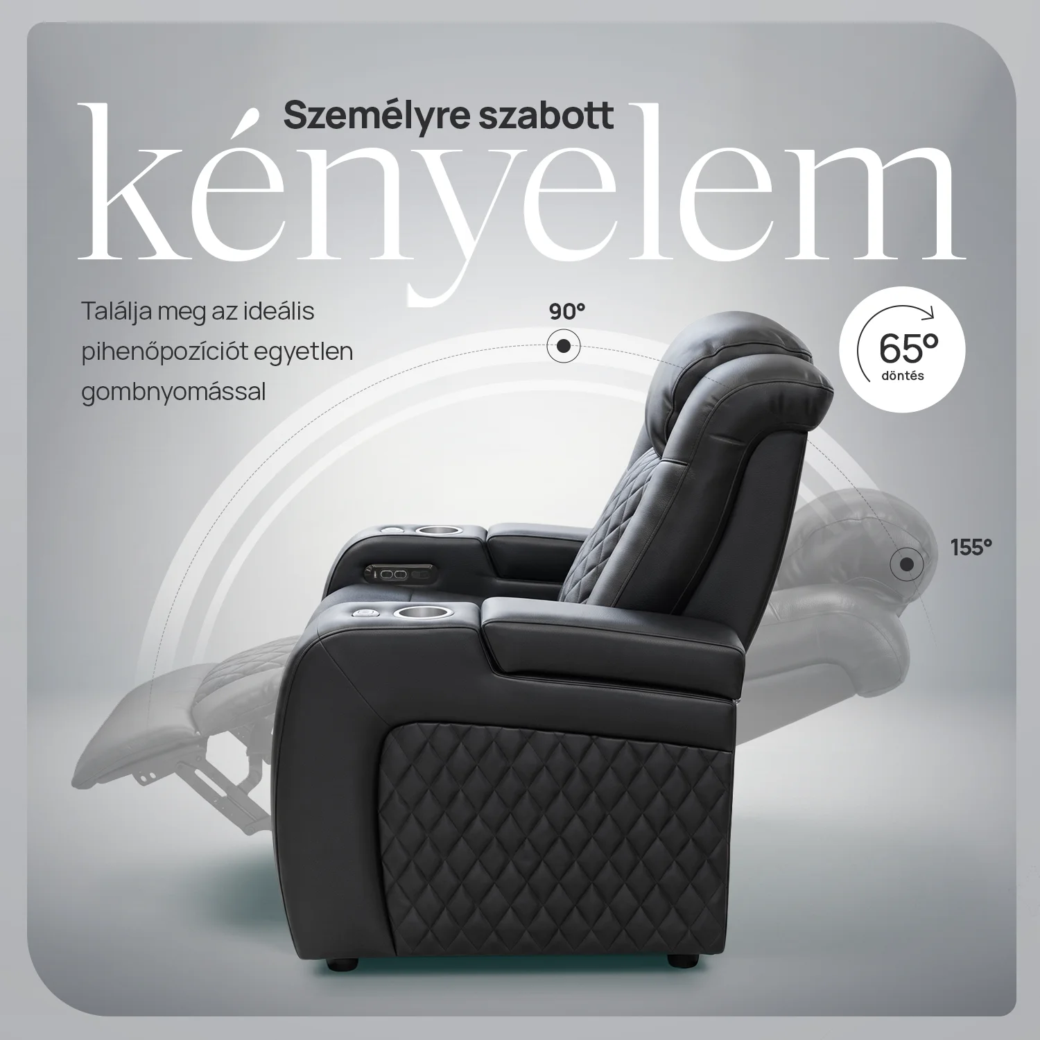 Luxus, egyszemélyes fekvőfotel, relax fotelágy elektromosan dönthető háttámlával, lábtartóval, pohártartóval és világítással fekete bőr (L4630-3906)