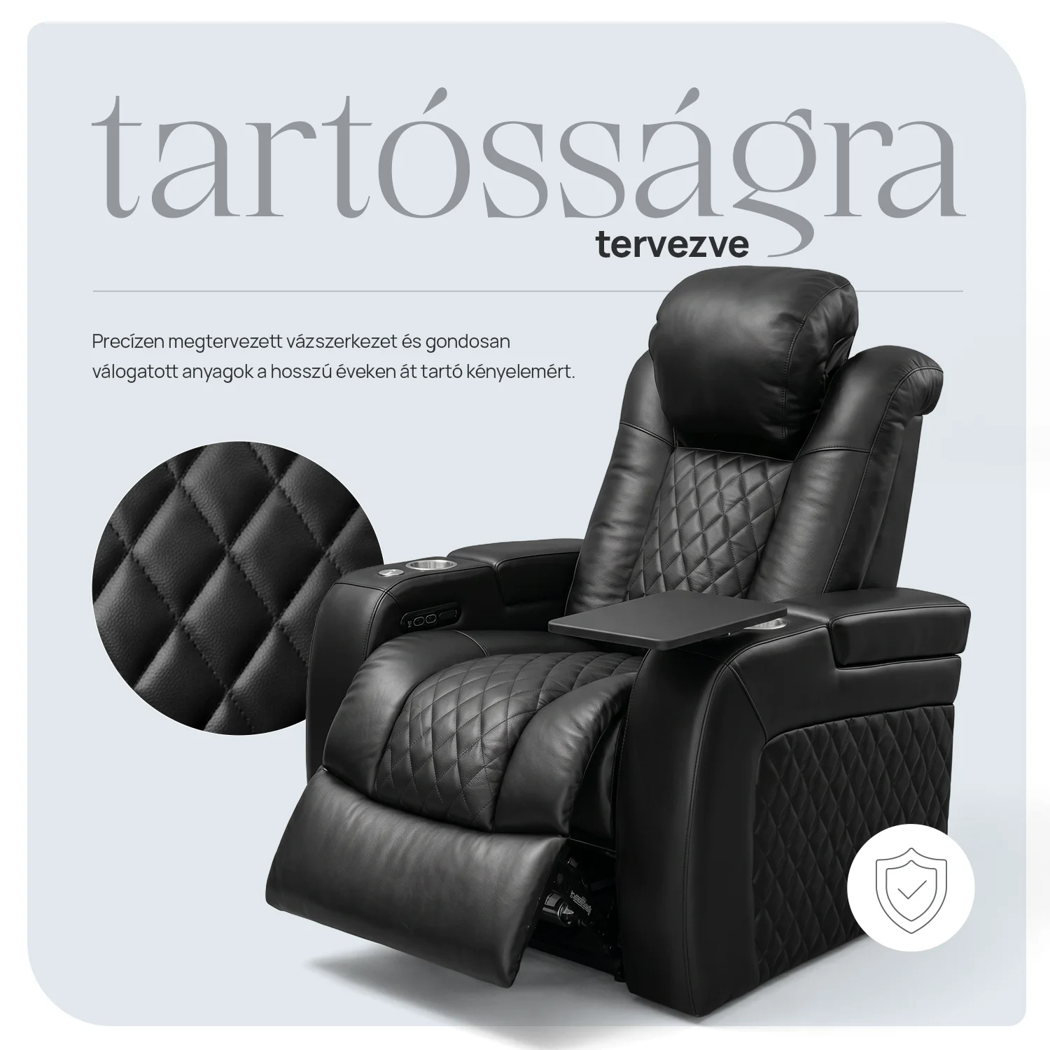 Luxus, egyszemélyes fekvőfotel, relax fotelágy elektromosan dönthető háttámlával, lábtartóval, pohártartóval és világítással fekete bőr (L4630-3906)