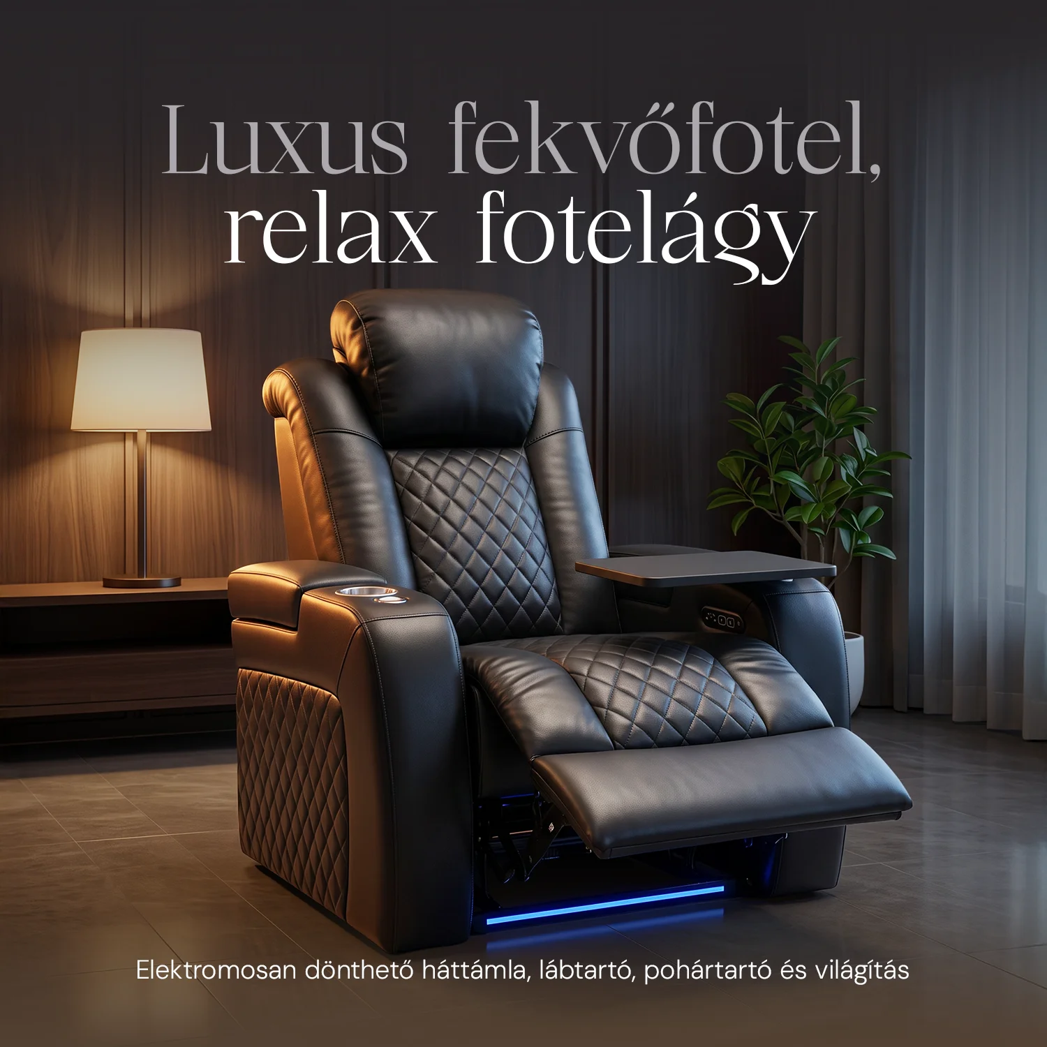 Luxus, egyszemélyes fekvőfotel, relax fotelágy elektromosan dönthető háttámlával, lábtartóval, pohártartóval és világítással fekete bőr (L4630-3906)