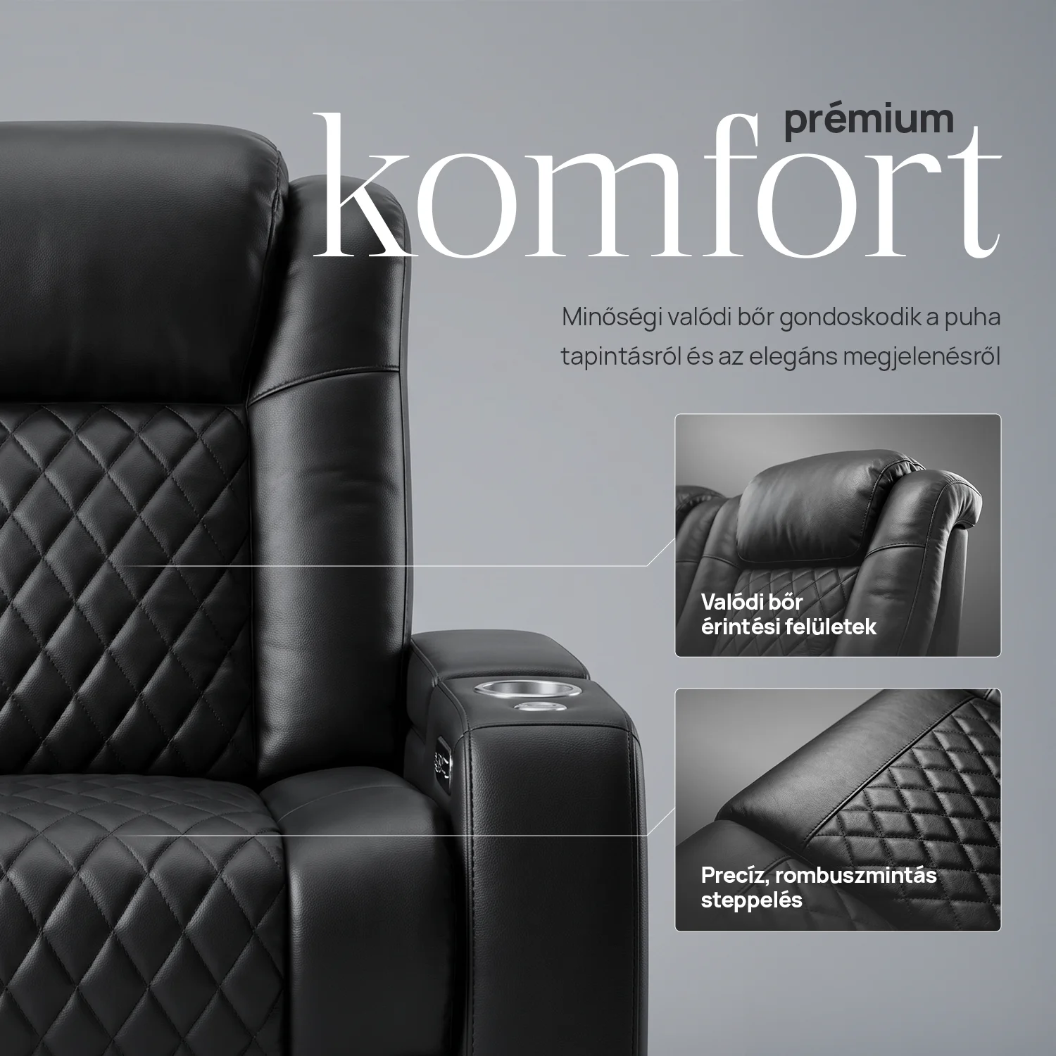 Luxus, egyszemélyes fekvőfotel, relax fotelágy elektromosan dönthető háttámlával, lábtartóval, pohártartóval és világítással fekete bőr (L4630-3906)