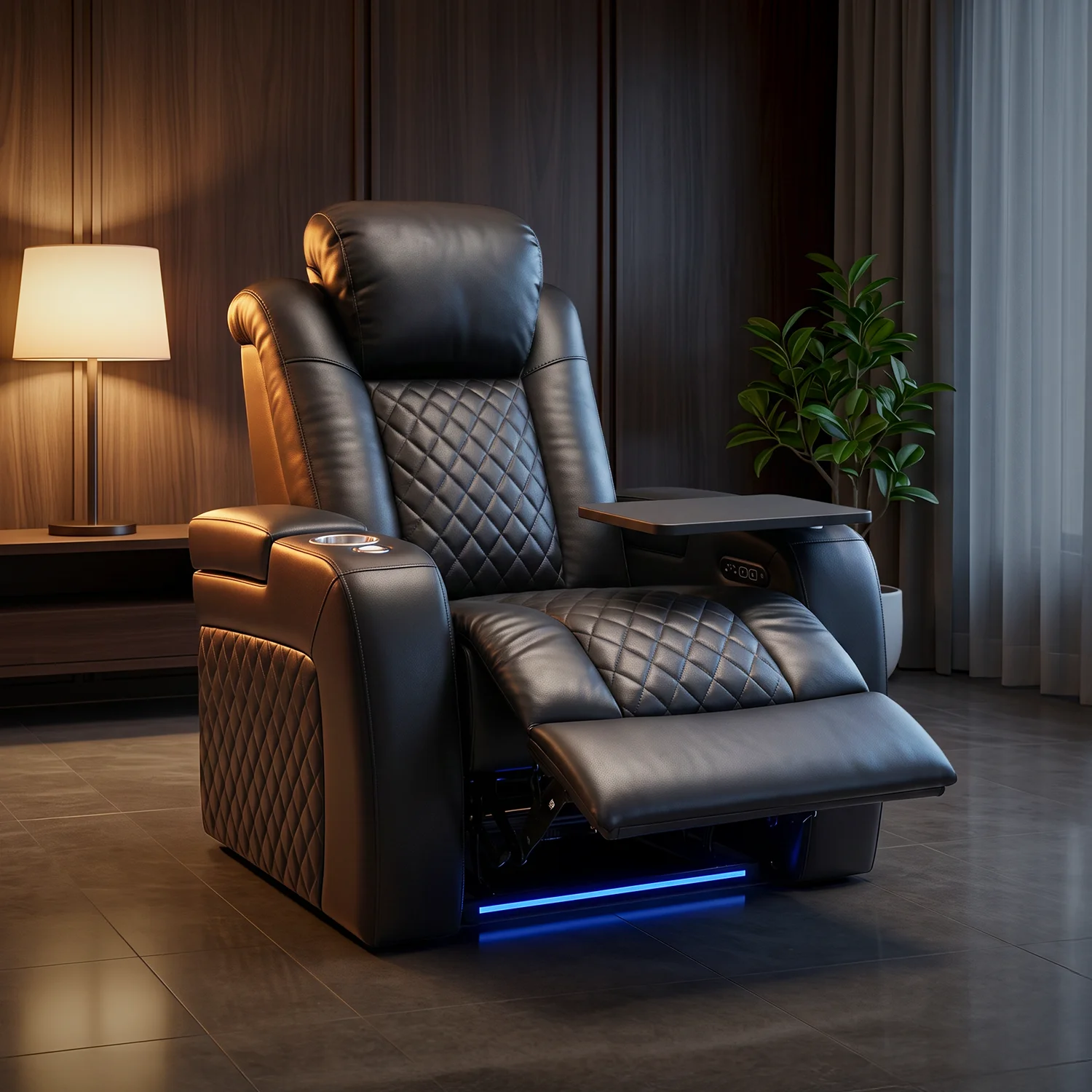 Luxus, egyszemélyes fekvőfotel, relax fotelágy elektromosan dönthető háttámlával, lábtartóval, pohártartóval és világítással fekete bőr (L4630-3906)