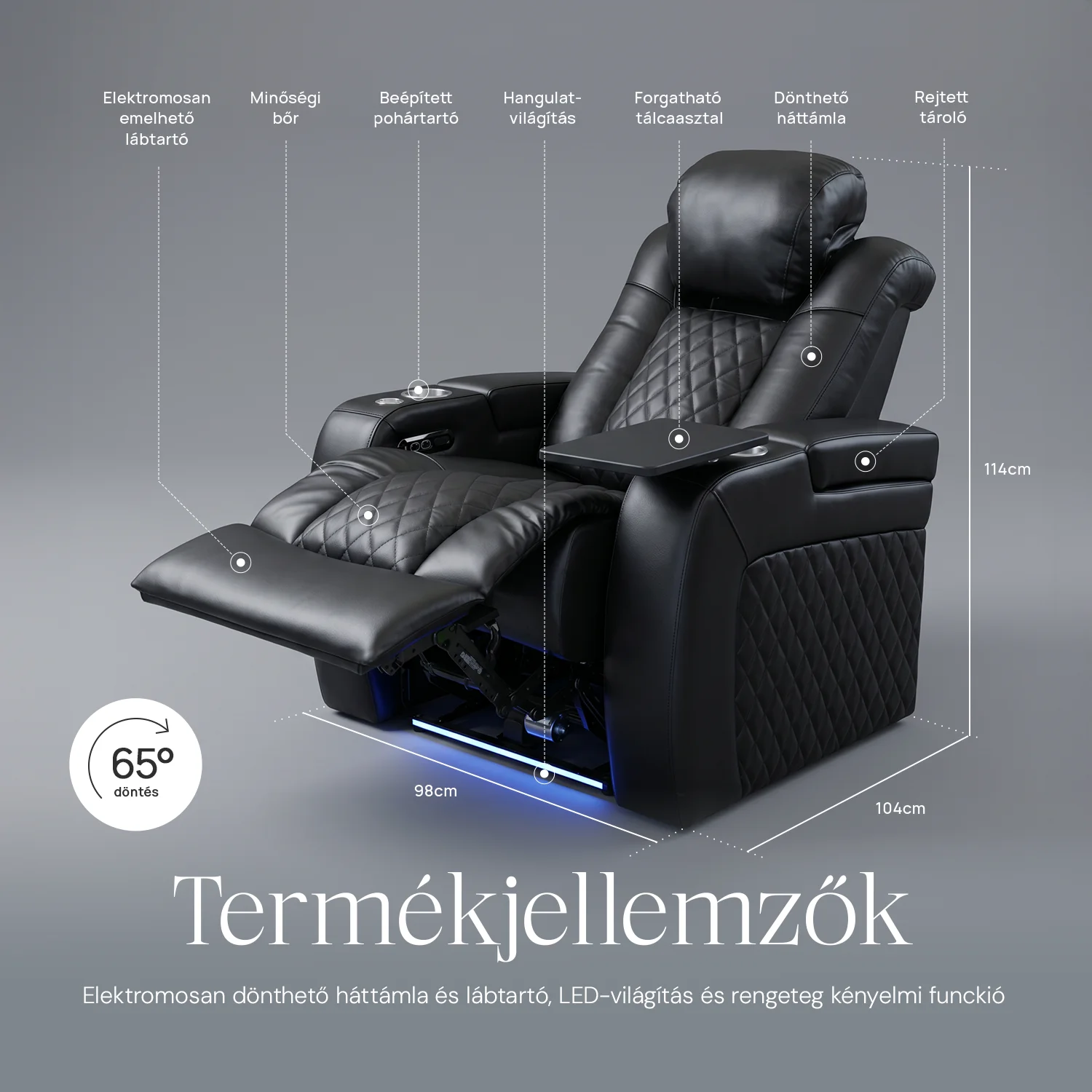 Luxus, egyszemélyes fekvőfotel, relax fotelágy elektromosan dönthető háttámlával, lábtartóval, pohártartóval és világítással fekete bőr (L4630-3906)