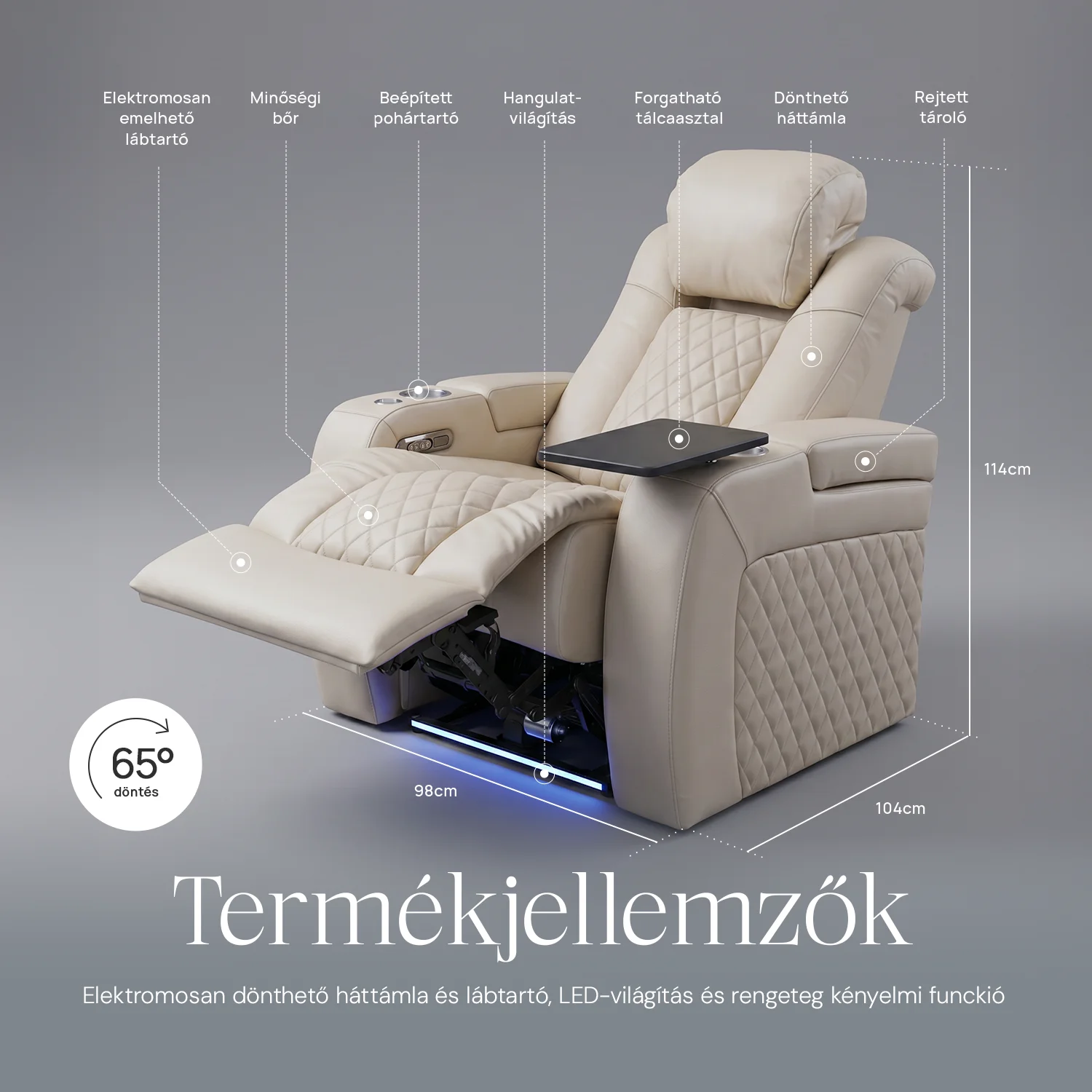 Luxus, egyszemélyes fekvőfotel, relax fotelágy elektromosan dönthető háttámlával, lábtartóval, pohártartóval és világítással bézs bőr (L4630-3906)