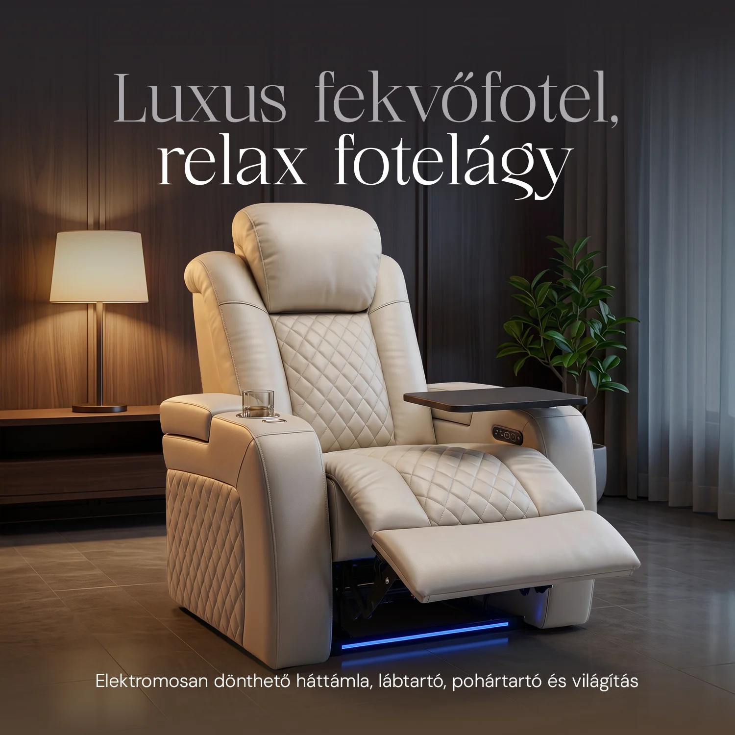 Luxus, egyszemélyes fekvőfotel, relax fotelágy elektromosan dönthető háttámlával, lábtartóval, pohártartóval és világítással bézs bőr (L4630-3906)