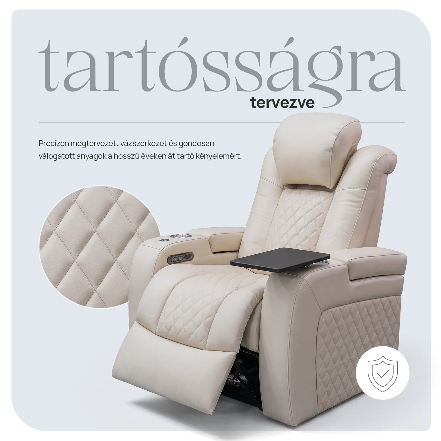 Luxus, egyszemélyes fekvőfotel, relax fotelágy elektromosan dönthető háttámlával, lábtartóval, pohártartóval és világítással bézs bőr (L4630-3906)