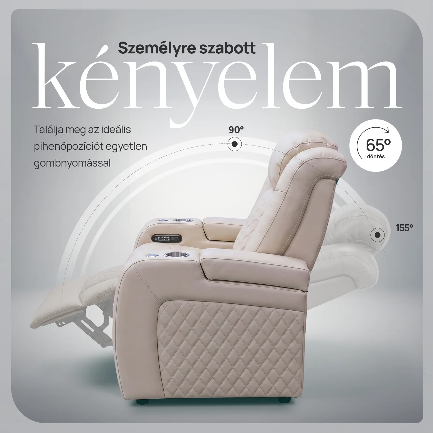 Luxus, egyszemélyes fekvőfotel, relax fotelágy elektromosan dönthető háttámlával, lábtartóval, pohártartóval és világítással bézs bőr (L4630-3906)
