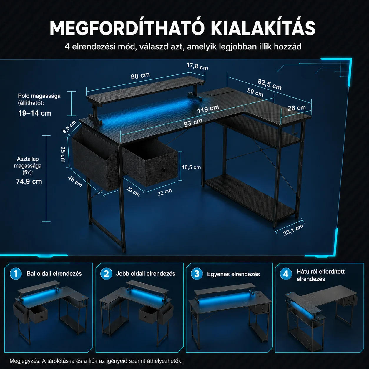 Písací stôl v tvare L, herný stôl 120 × 80 × 74 cm, čierny, s LED osvetlením, EU sieťovou zásuvkou a USB portom (MK-1B)