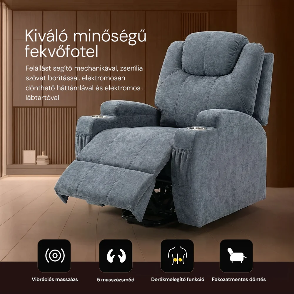 Felállást segítő relax elektromos fotelágy motoros mechanizmus szövet sötétszürke, pohártartóval, masszázzsal, fűtéssel