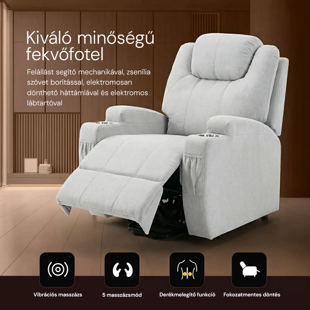 Felállást segítő relax elektromos fotelágy motoros mechanizmus szövet bézs, pohártartóval, masszázzsal, fűtéssel