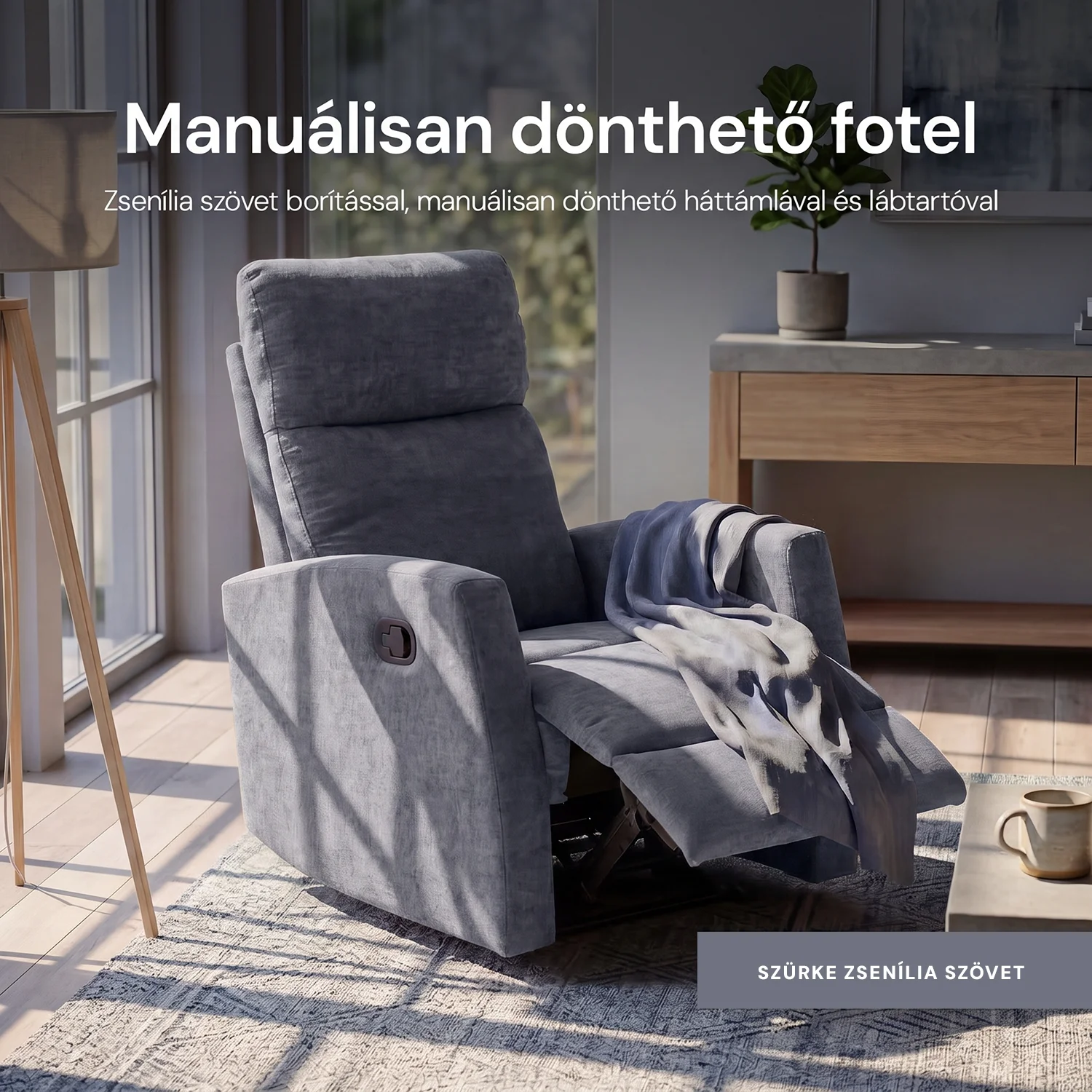 Fekvőfotel, relax fotelágy dönthető háttámlával, lábtartóval szürke zsenília szövet (JN-R8120A51) GREY