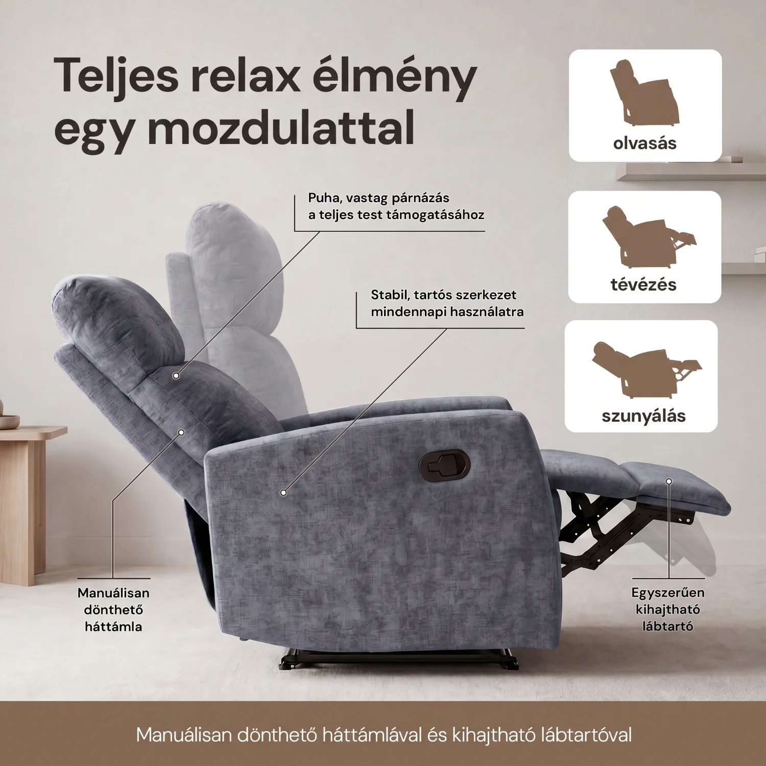 Fekvőfotel, relax fotelágy dönthető háttámlával, lábtartóval szürke zsenília szövet (JN-R8120A51) GREY