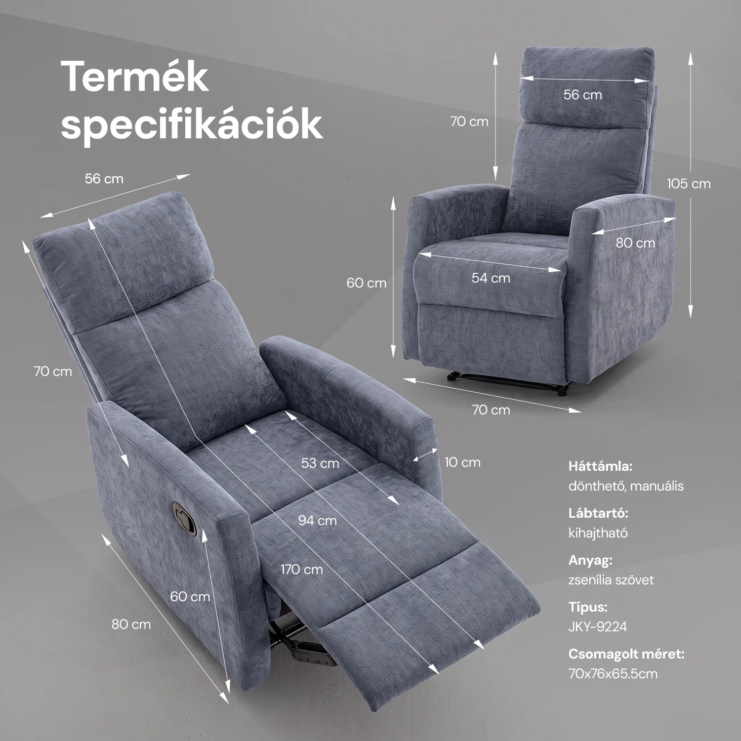 Fekvőfotel, relax fotelágy dönthető háttámlával, lábtartóval szürke zsenília szövet (JN-R8120A51) GREY