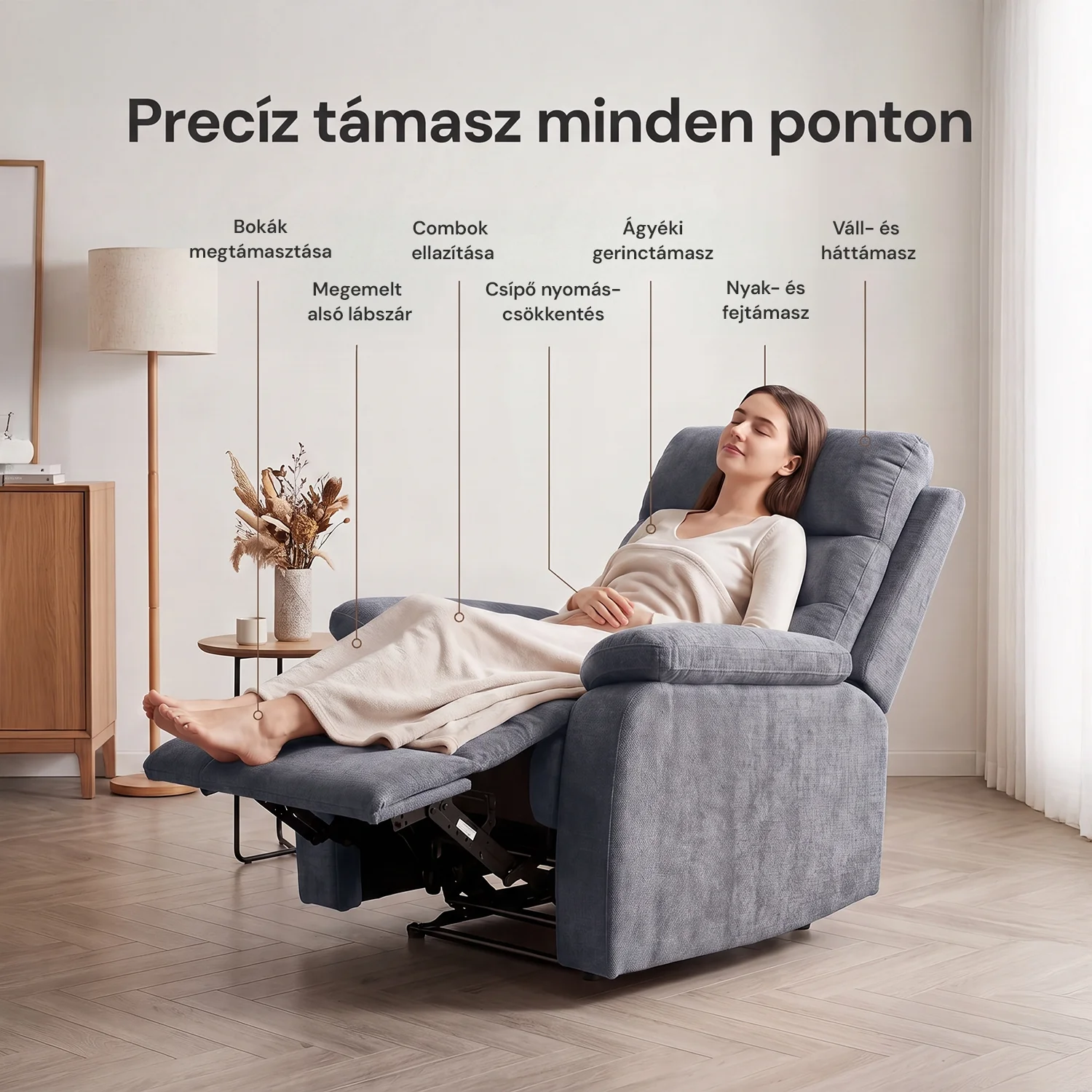 Fekvőfotel, relax fotelágy dönthető háttámlával, lábtartóval szürke zsenília szövet (JN-R8120A51) GREY