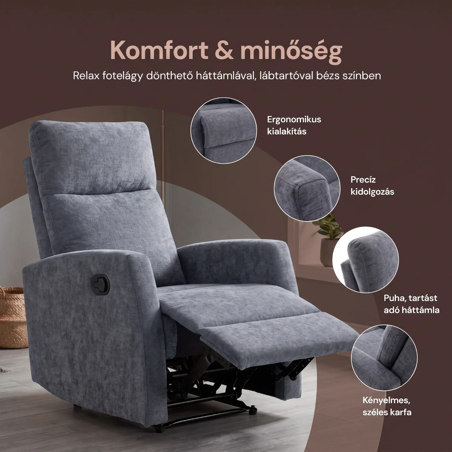 Fekvőfotel, relax fotelágy dönthető háttámlával, lábtartóval szürke zsenília szövet (JN-R8120A51) GREY