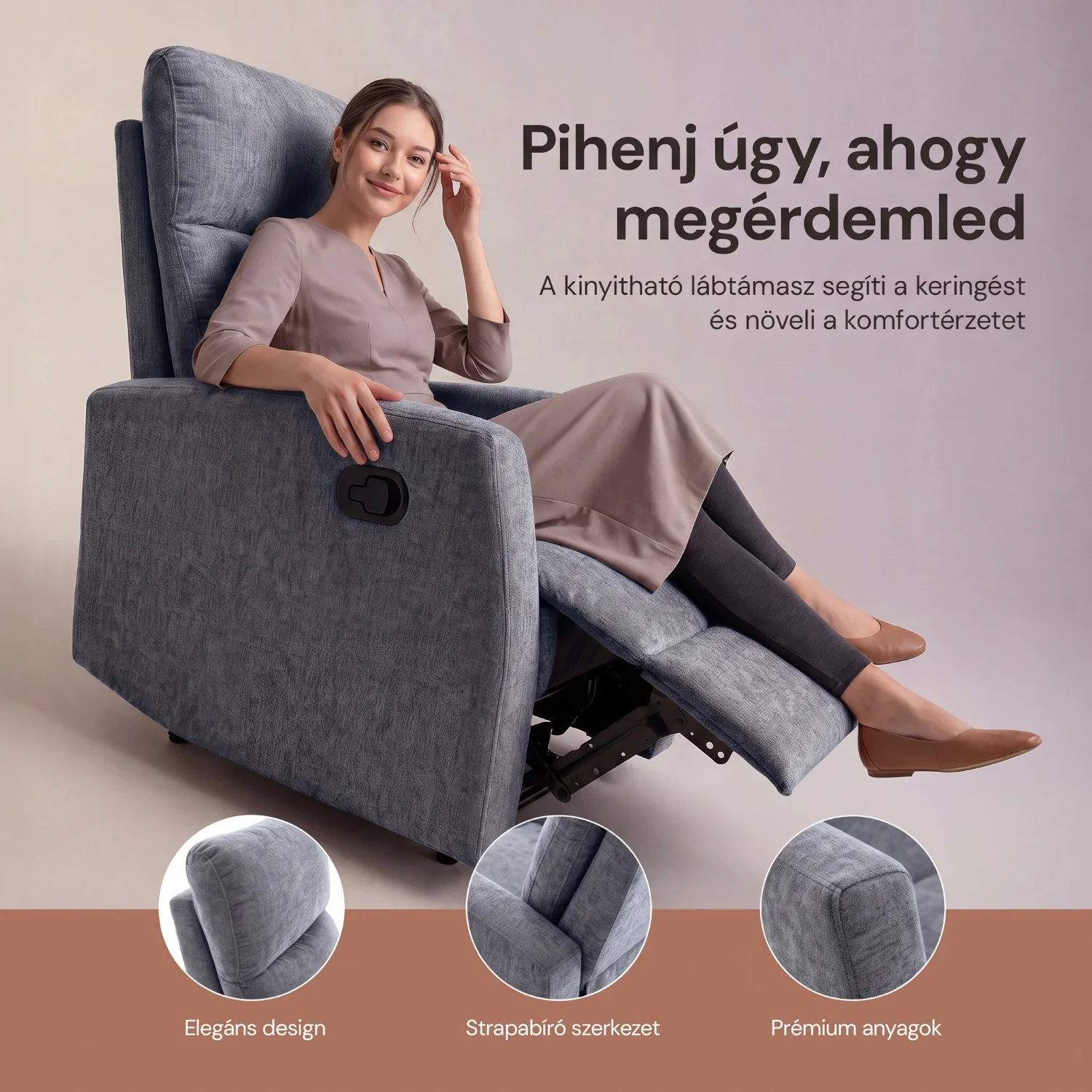 Fekvőfotel, relax fotelágy dönthető háttámlával, lábtartóval szürke zsenília szövet (JN-R8120A51) GREY