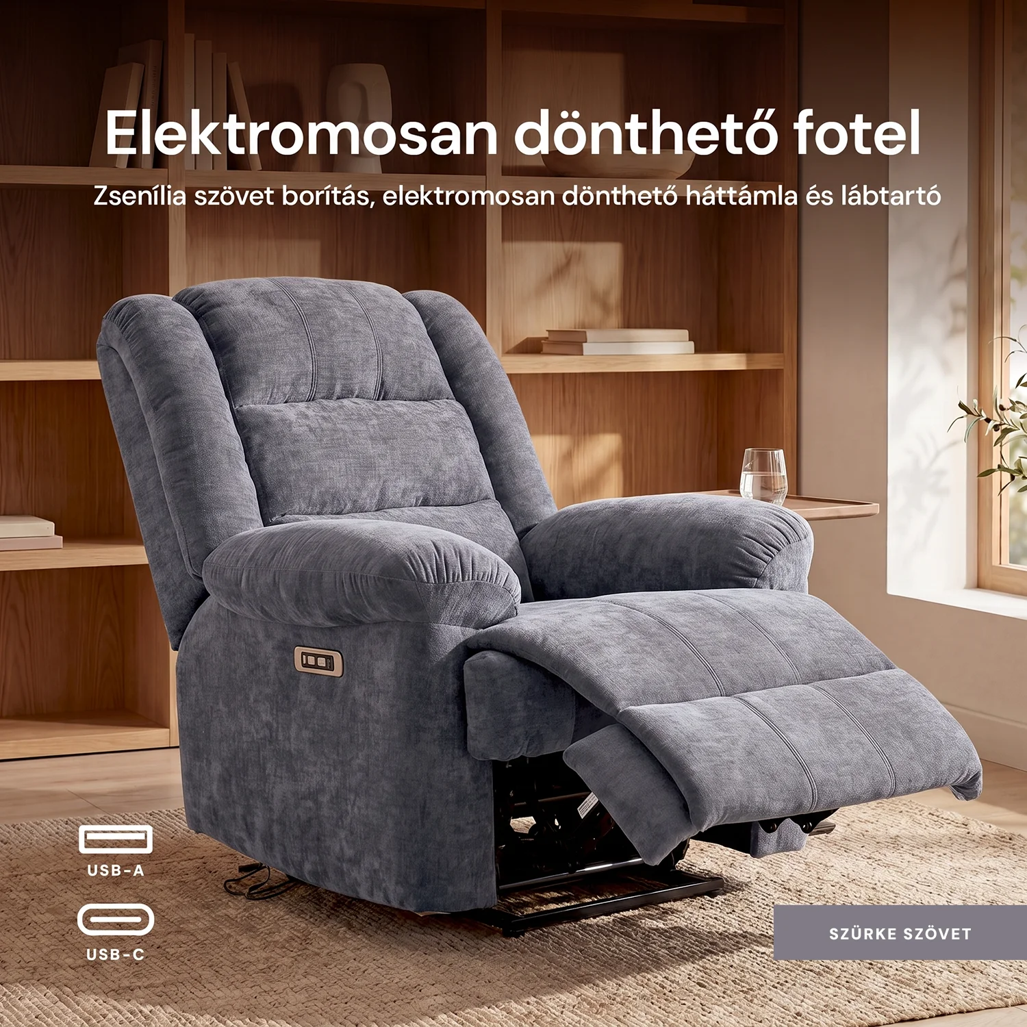 Relax fotelágy elektromosan dönthető, lábtartóval, szürke zsenília szövet (JN-D8053A51) 