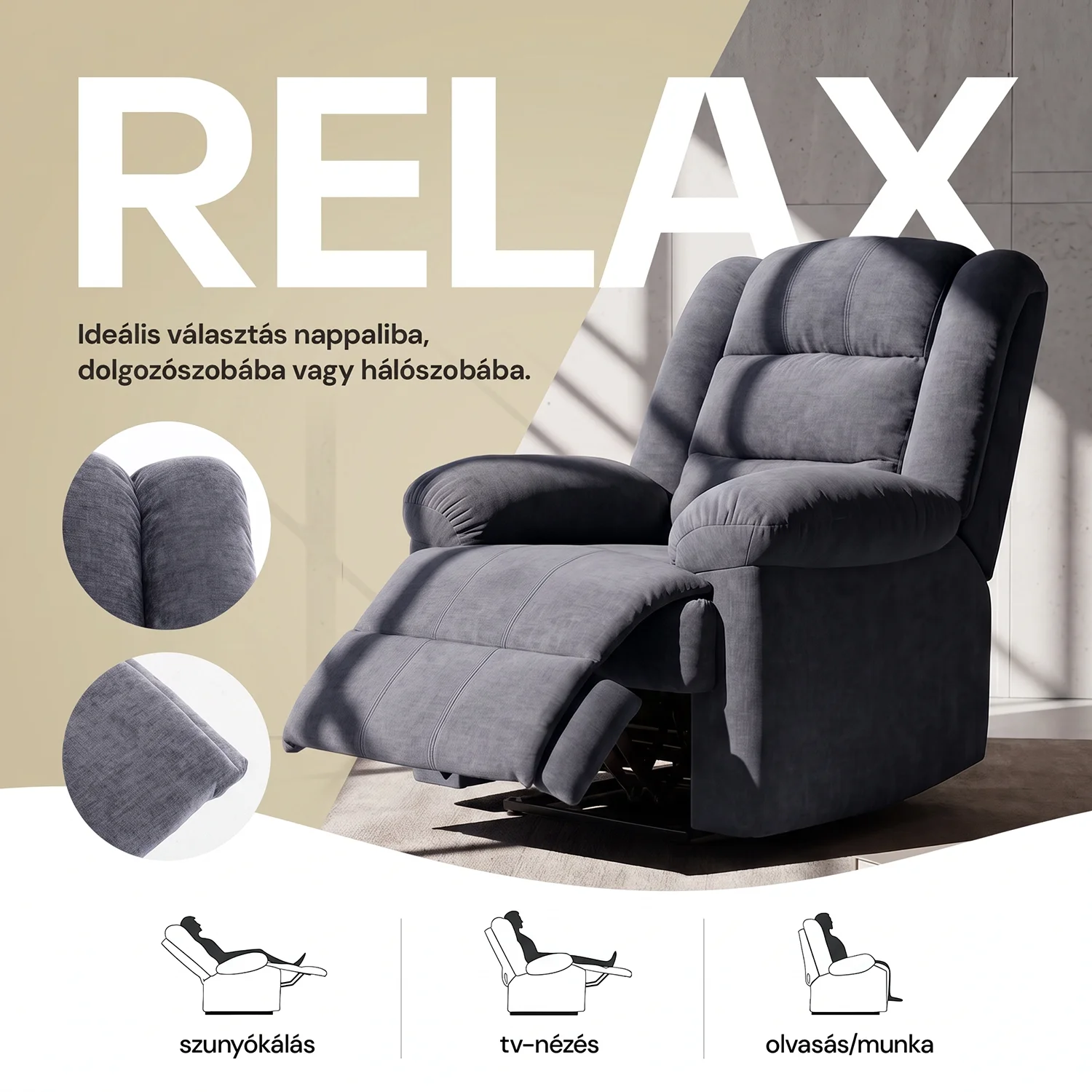 Relax fotelágy elektromosan dönthető, lábtartóval, szürke zsenília szövet (JN-D8053A51) 