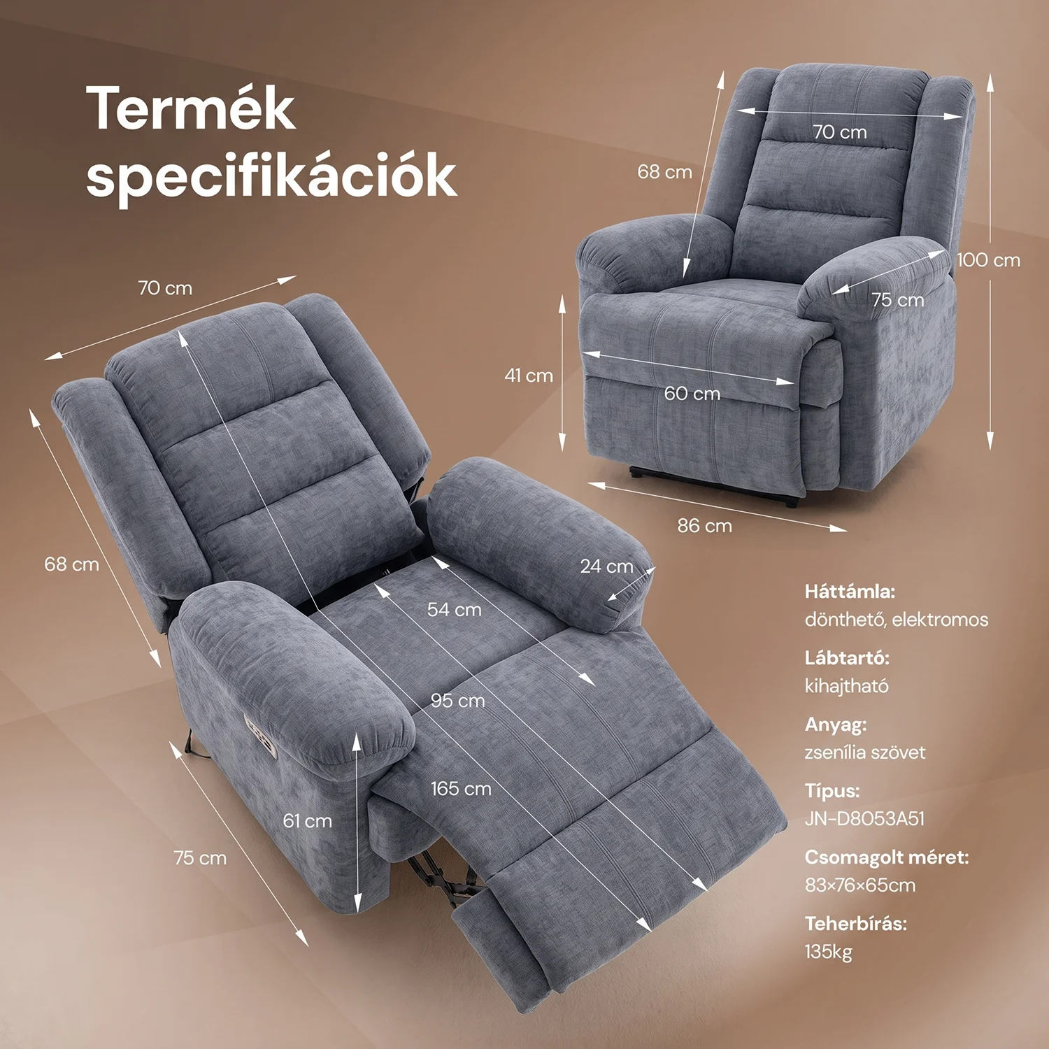 Relax fotelágy elektromosan dönthető, lábtartóval, szürke zsenília szövet (JN-D8053A51) 