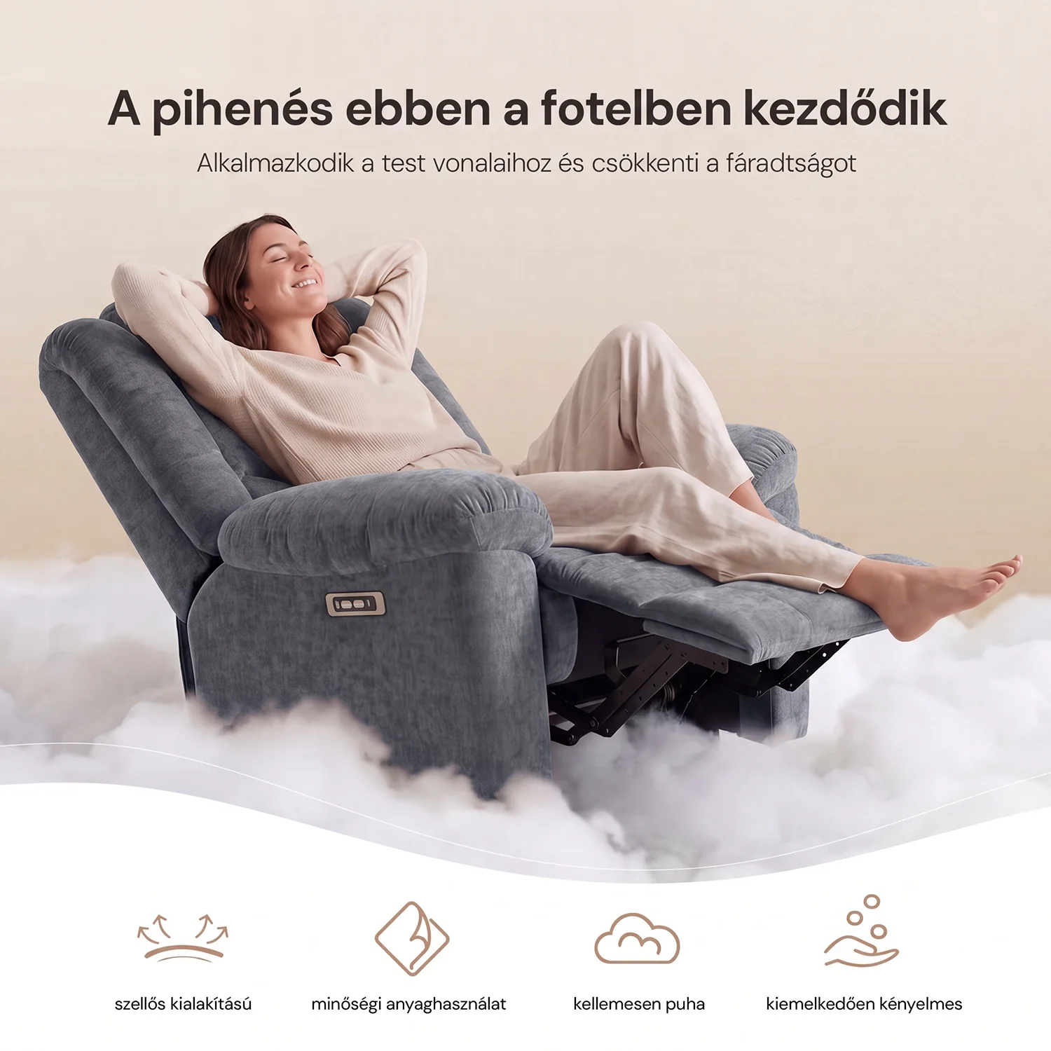 Relax fotelágy elektromosan dönthető, lábtartóval, szürke zsenília szövet (JN-D8053A51) 