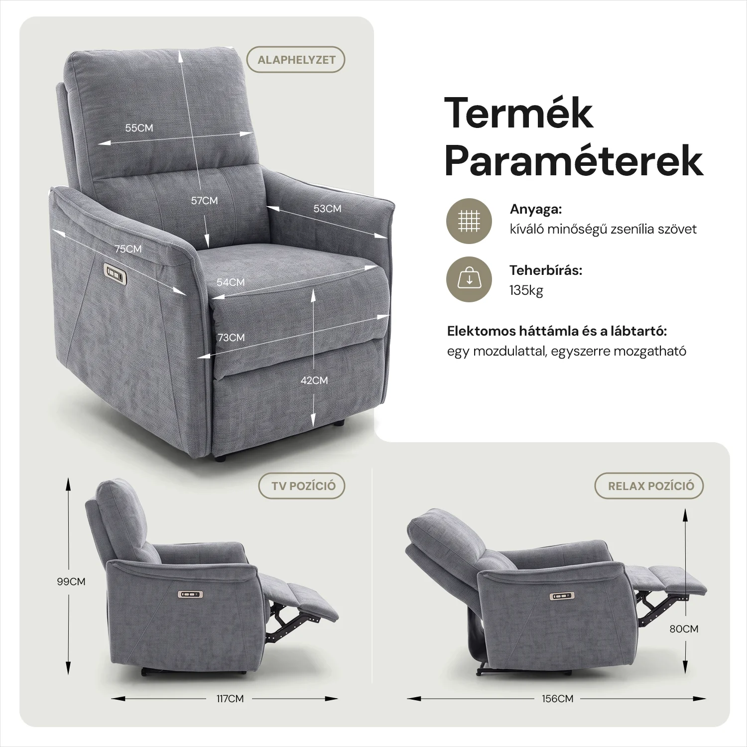 Elektromos, dönthető relax fekvőfotel, zsenília szövet (szürke) 
