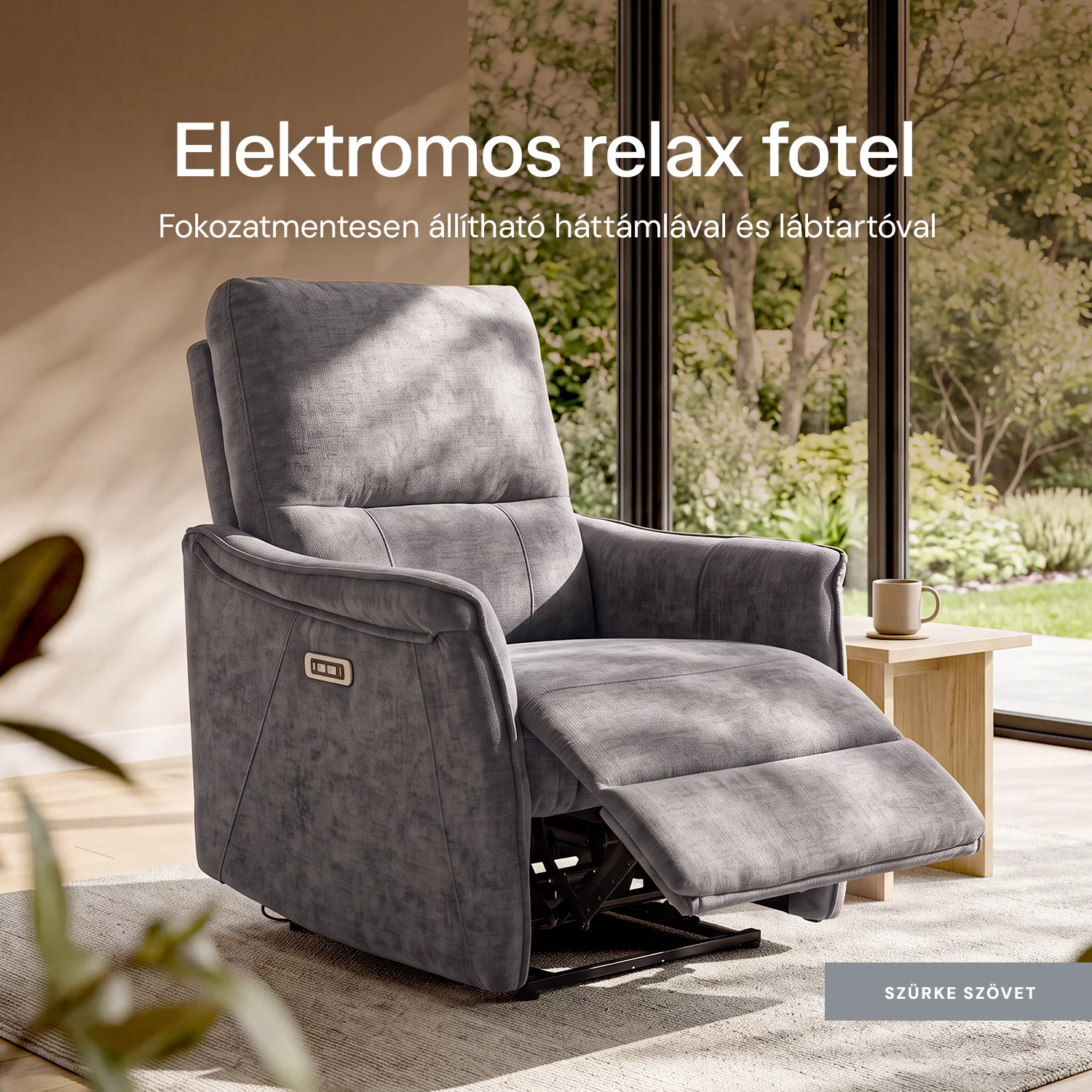 Elektromos, dönthető relax fekvőfotel, zsenília szövet (szürke) 