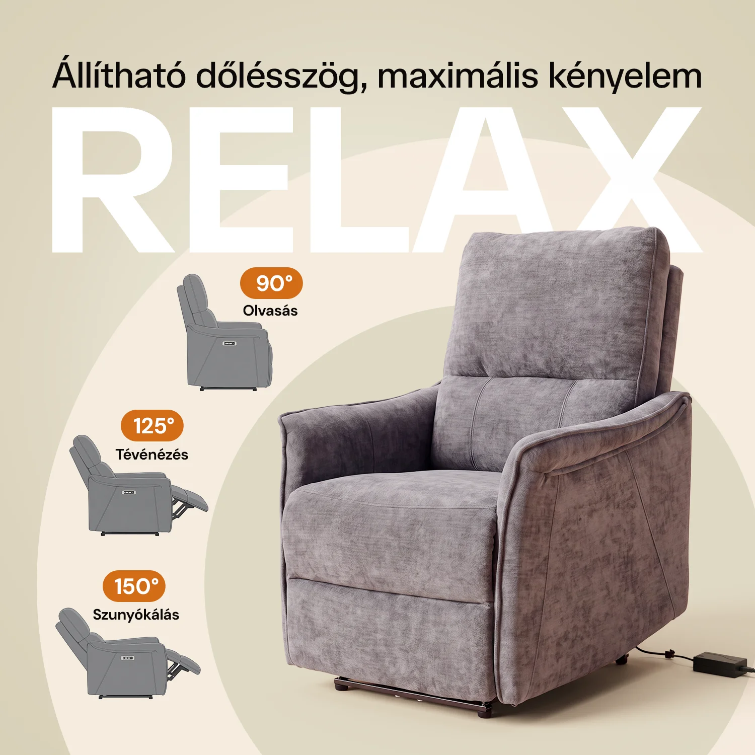 Elektromos, dönthető relax fekvőfotel, zsenília szövet (szürke) 
