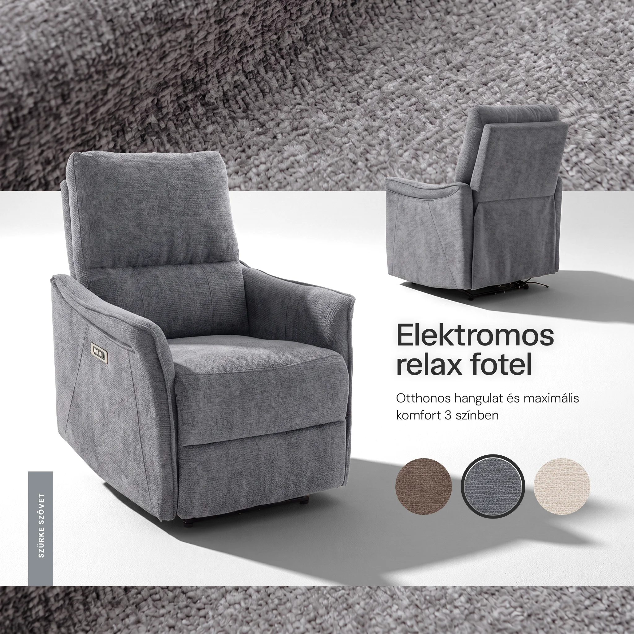 Elektromos, dönthető relax fekvőfotel, zsenília szövet (szürke) 