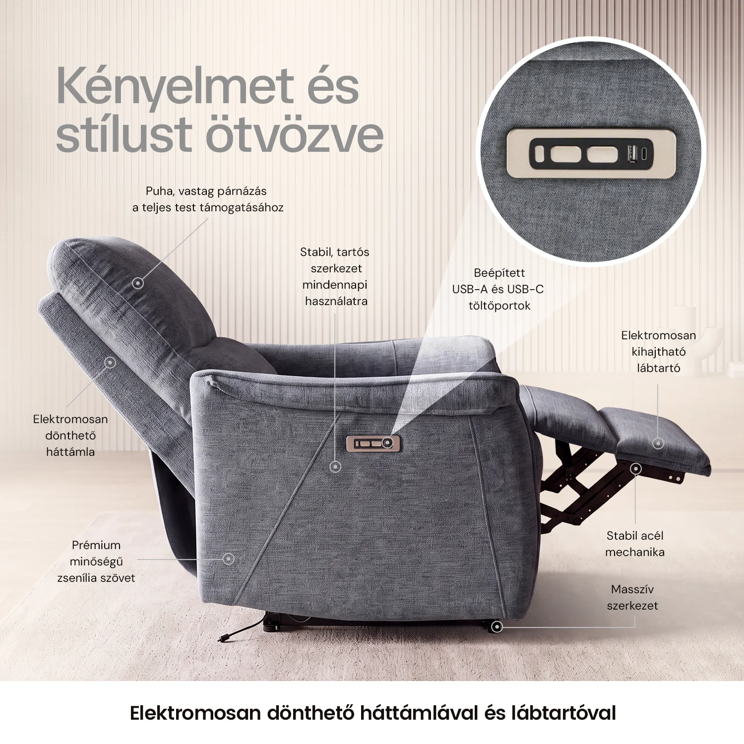 Elektromos, dönthető relax fekvőfotel, zsenília szövet (szürke) 