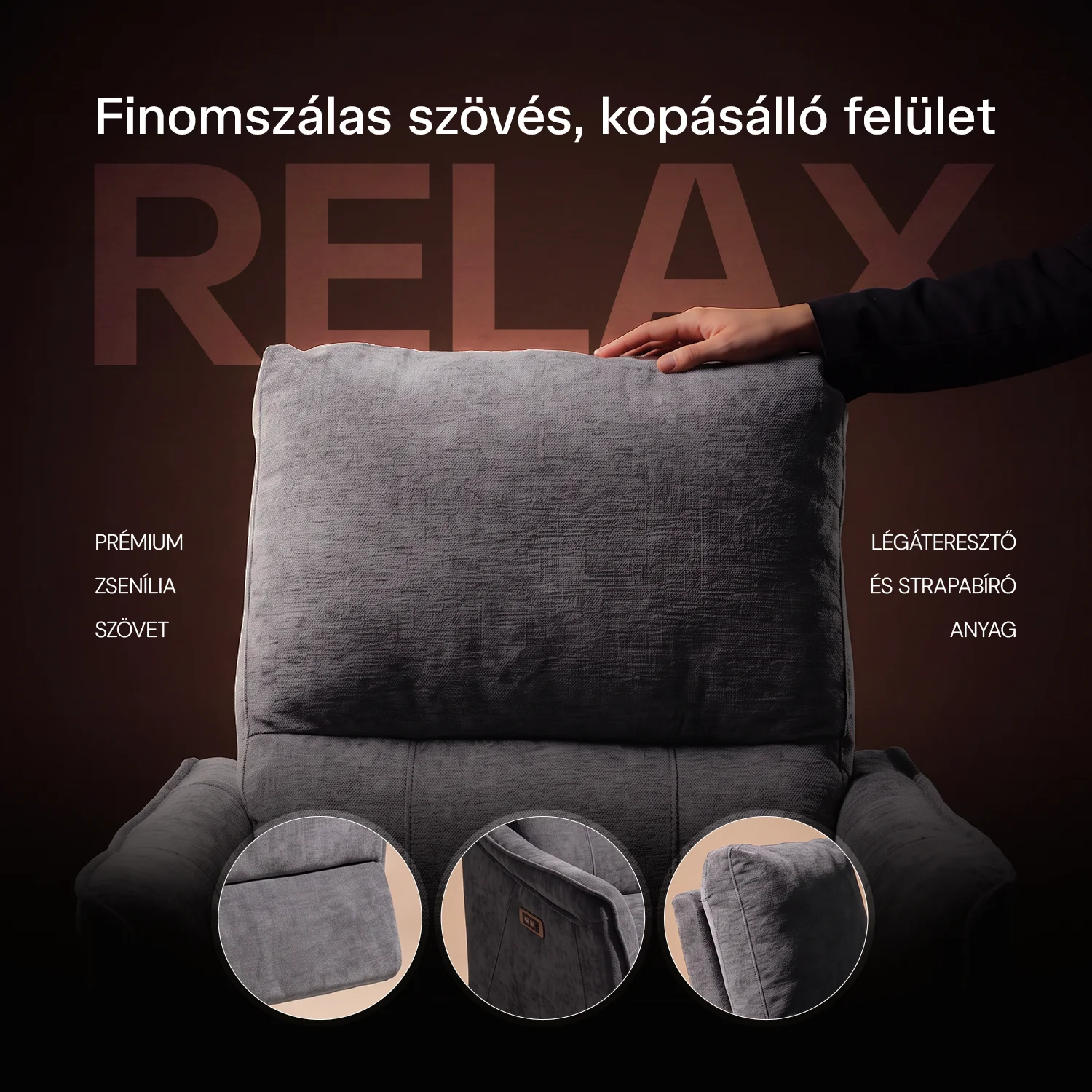 Elektromos, dönthető relax fekvőfotel, zsenília szövet (szürke) 