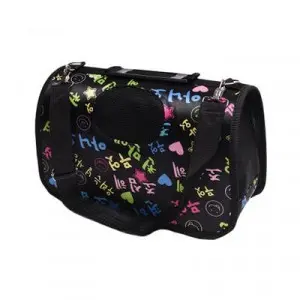 Kisállat hordozó táska fekete színben színes mintával, S méret (ST-140) kutya, macska szállítóbox