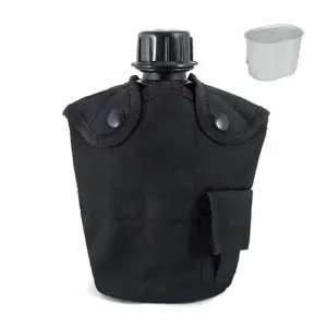Military, katonai kulacs 1 liter fekete, alumínium csajkával, tokkal (military-flask-black)