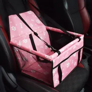Autós ülés kutyáknak, kutyaülés, kutyaszállító box rózsaszín mancs mintával (pet-car-box-pink-paws-ch133)
