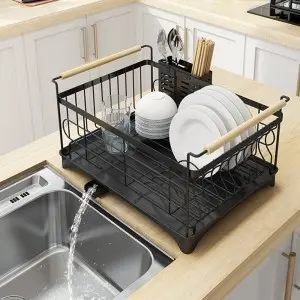 Edényszárító csepegtető tálcával egyszintes fekete (dish-rack-black-3-1-layer-YY-003)